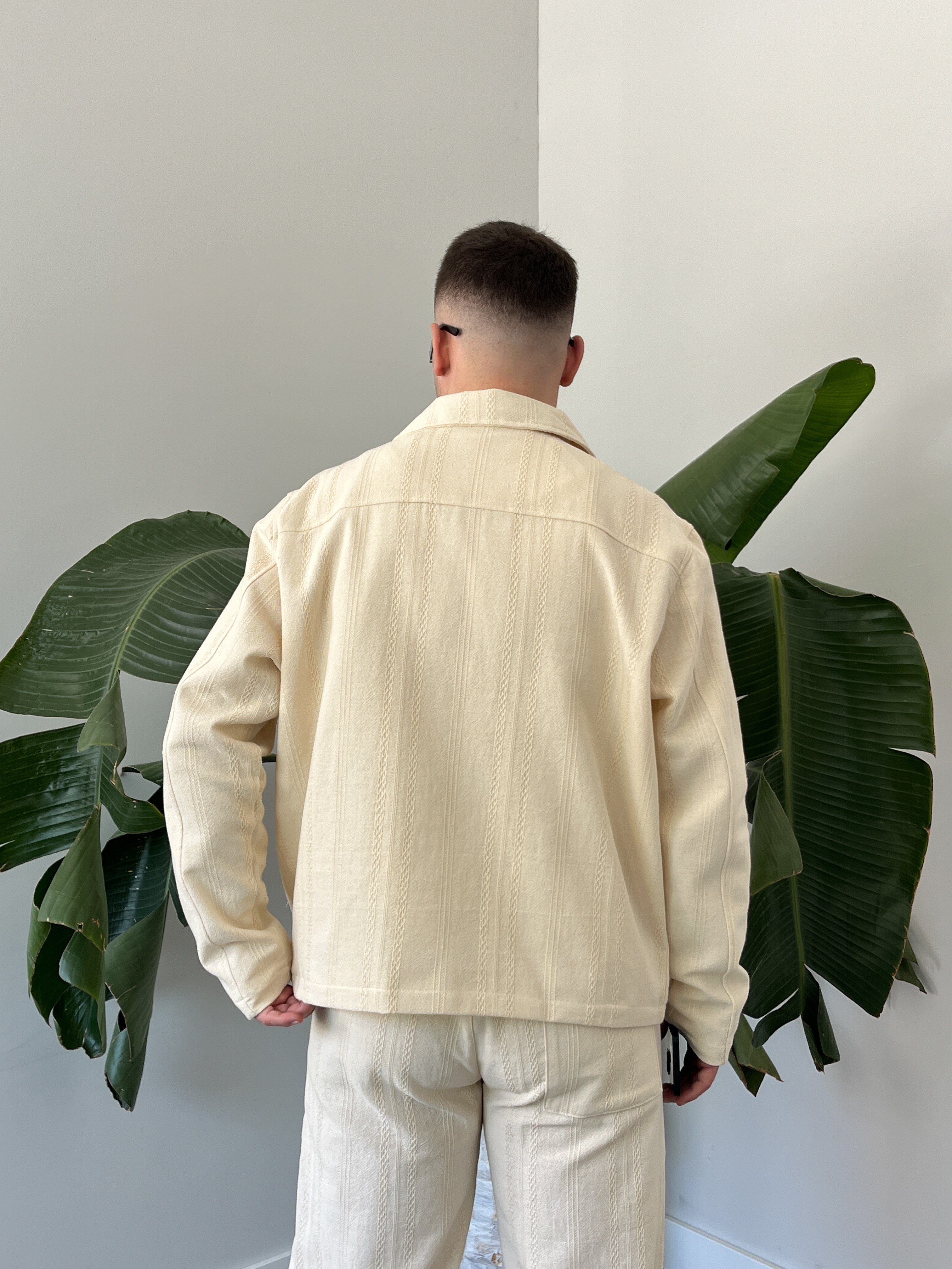 Krem Chain Motif Relax Fit Keten Takım