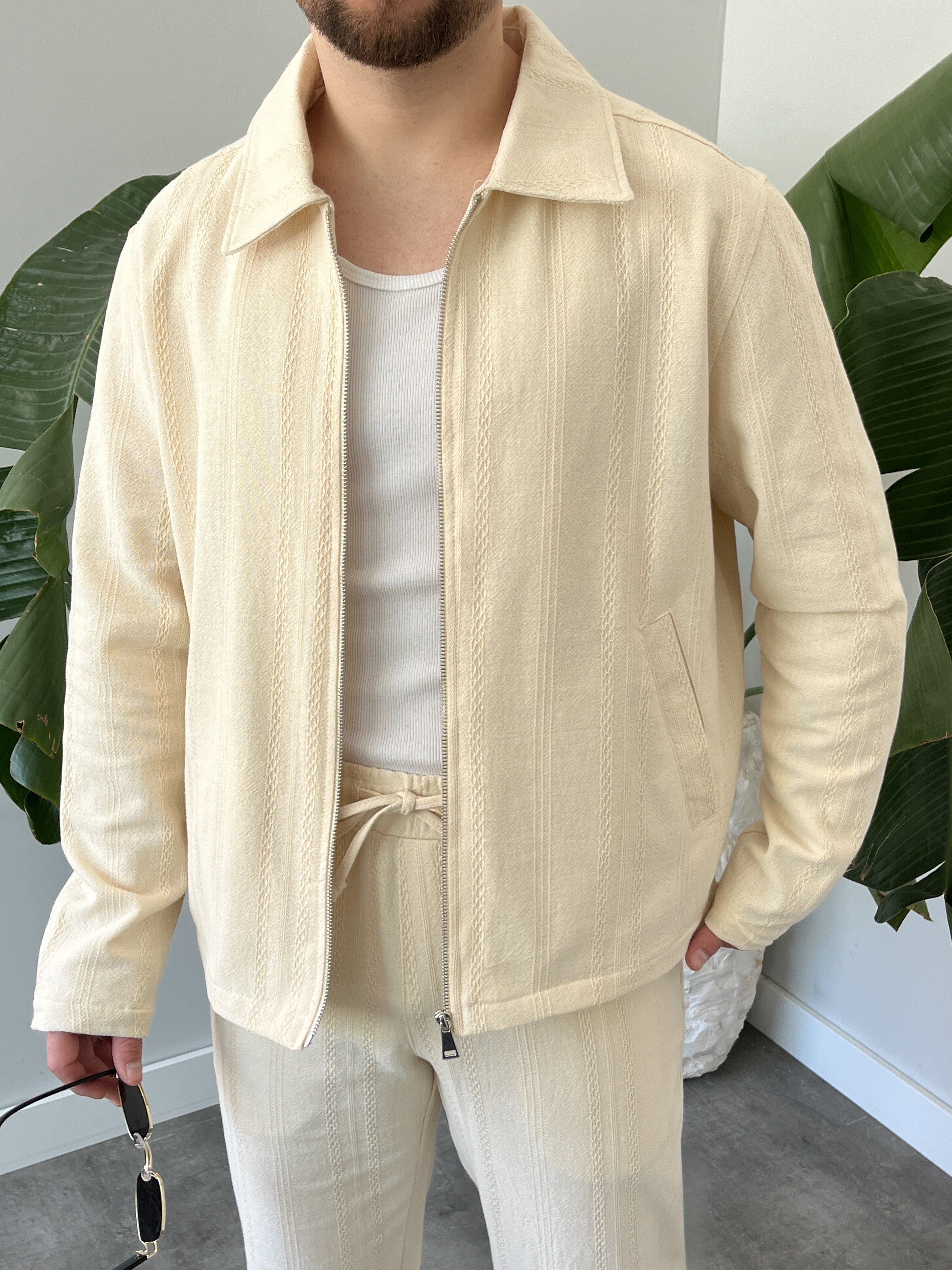 Krem Chain Motif Relax Fit Keten Takım