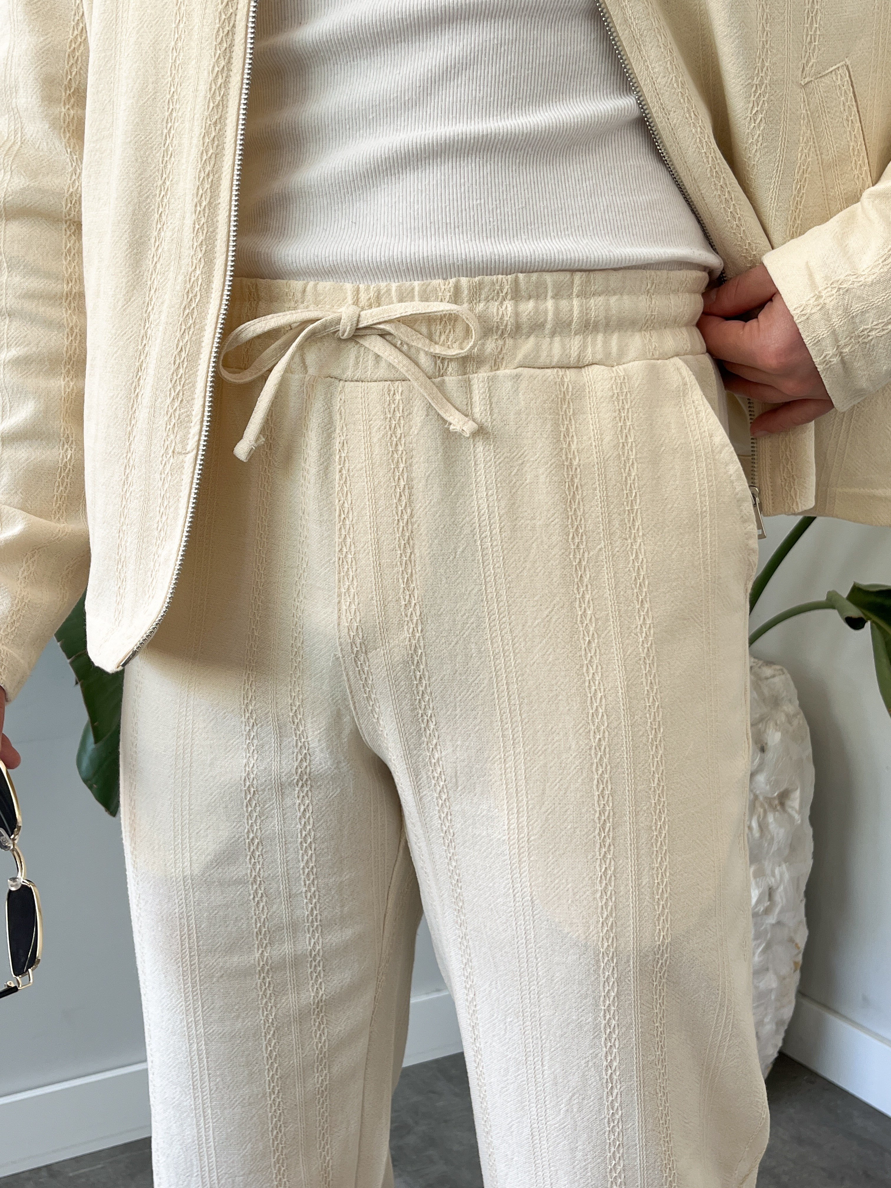 Krem Chain Motif Relax Fit Keten Takım