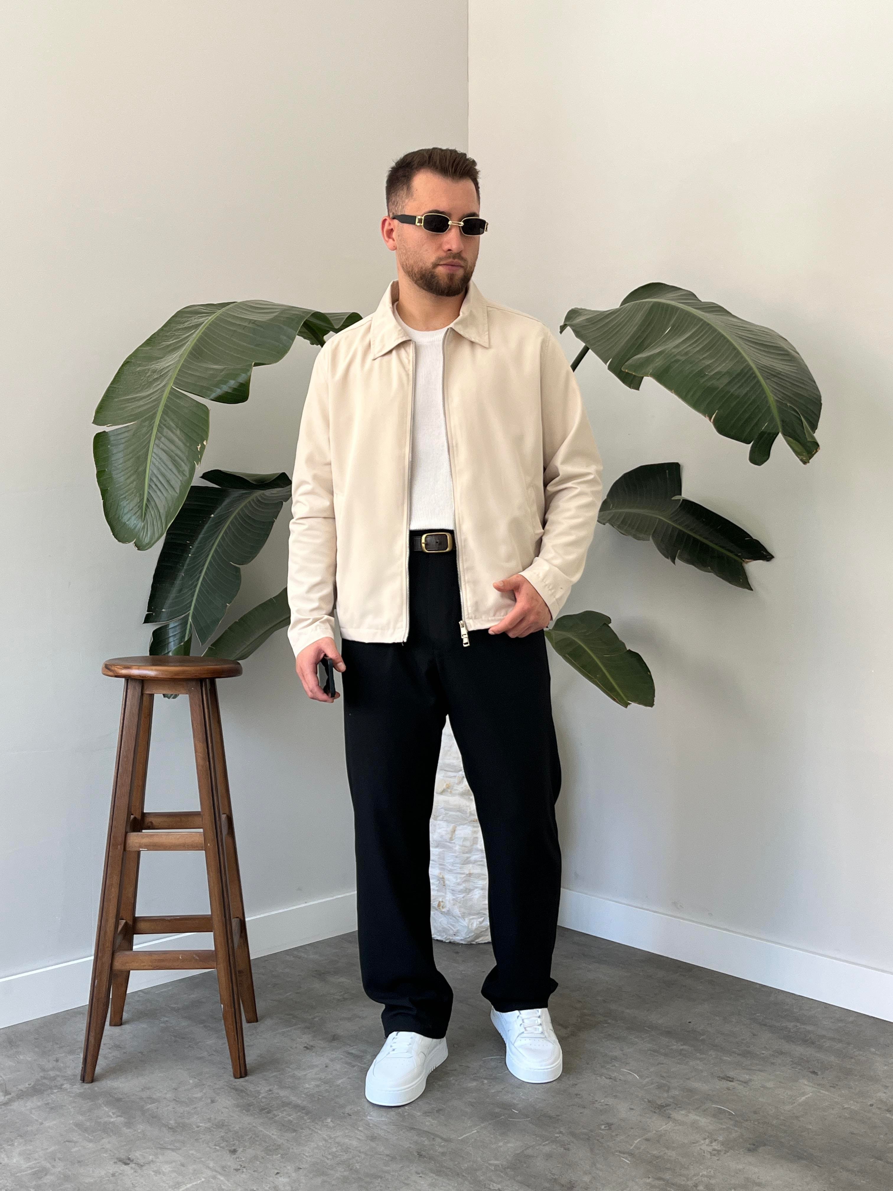 Krem Çift Yön Fermuar Boxy Fit Casual Ceket