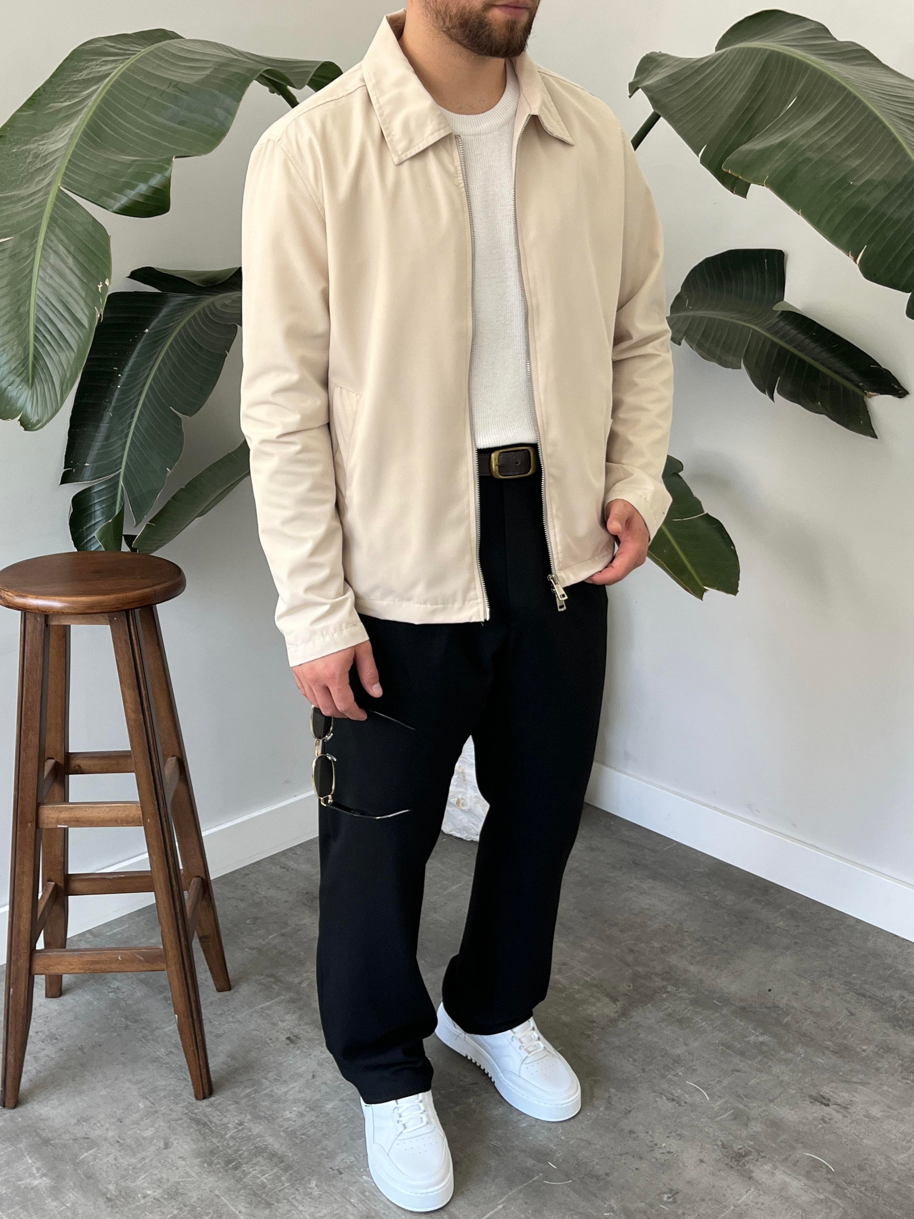 Krem Çift Yön Fermuar Boxy Fit Casual Ceket