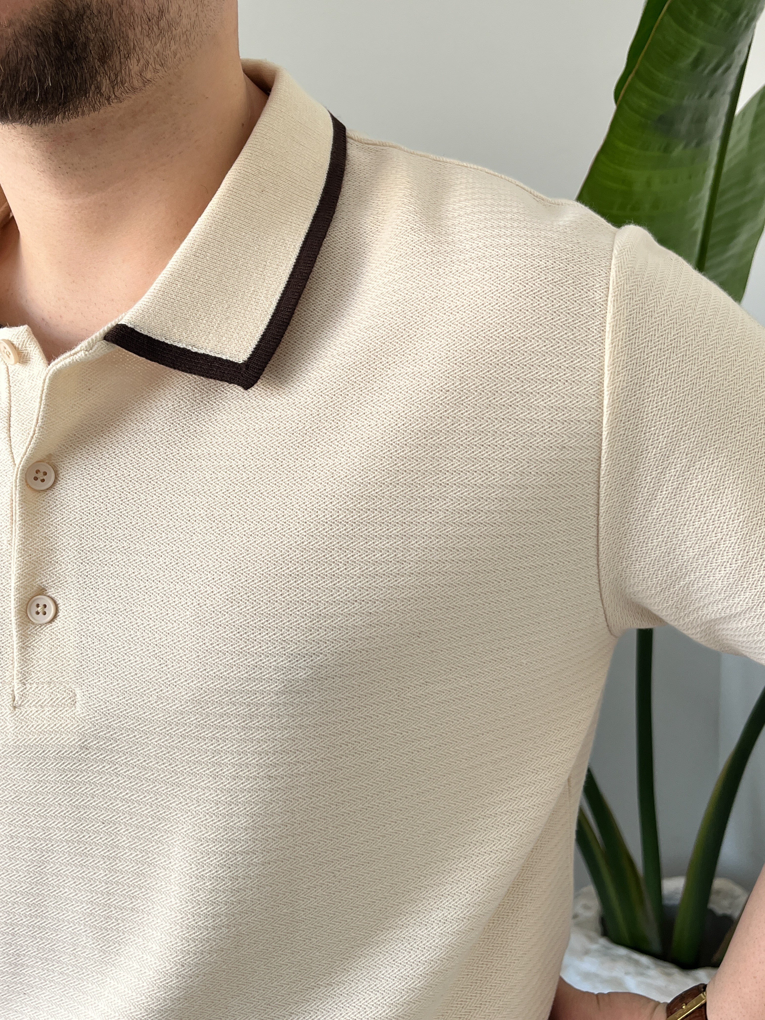 Krem Çizgi Detay Polo Yaka Triko T-shirt