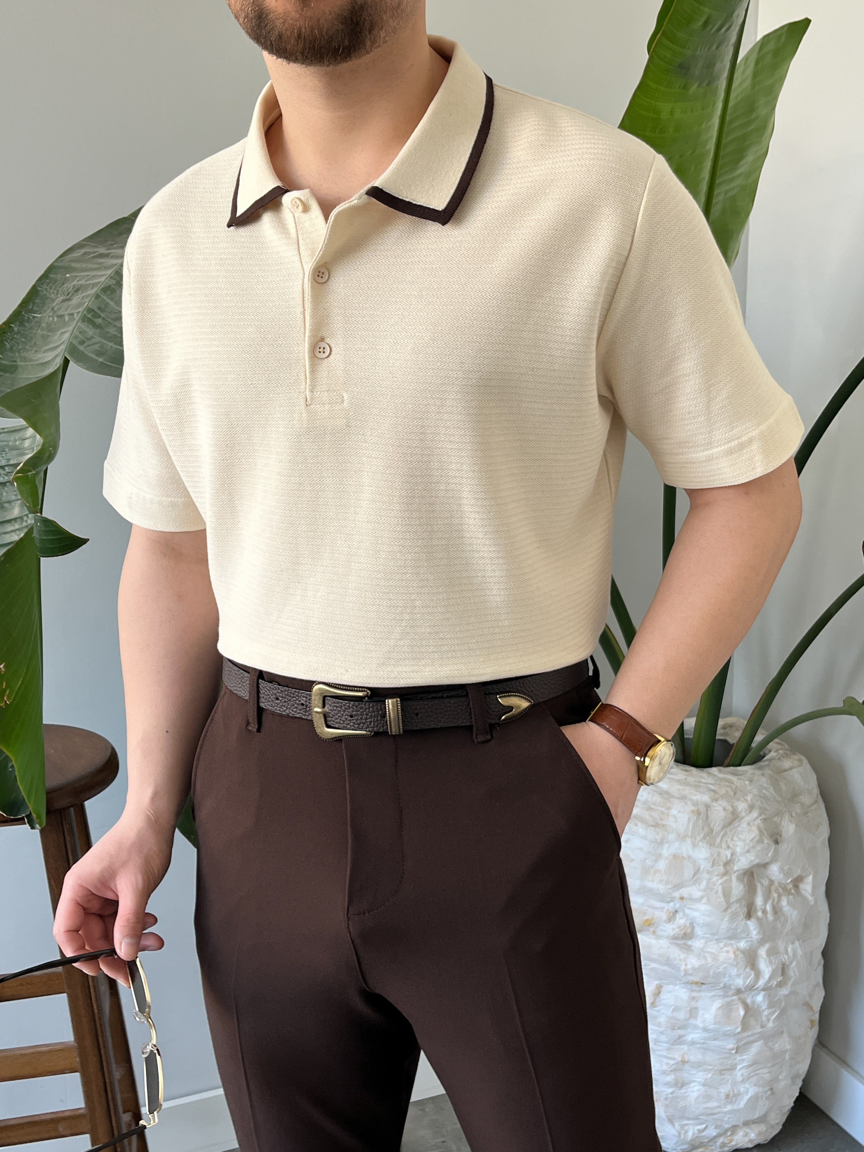 Krem Çizgi Detay Polo Yaka Triko T-shirt