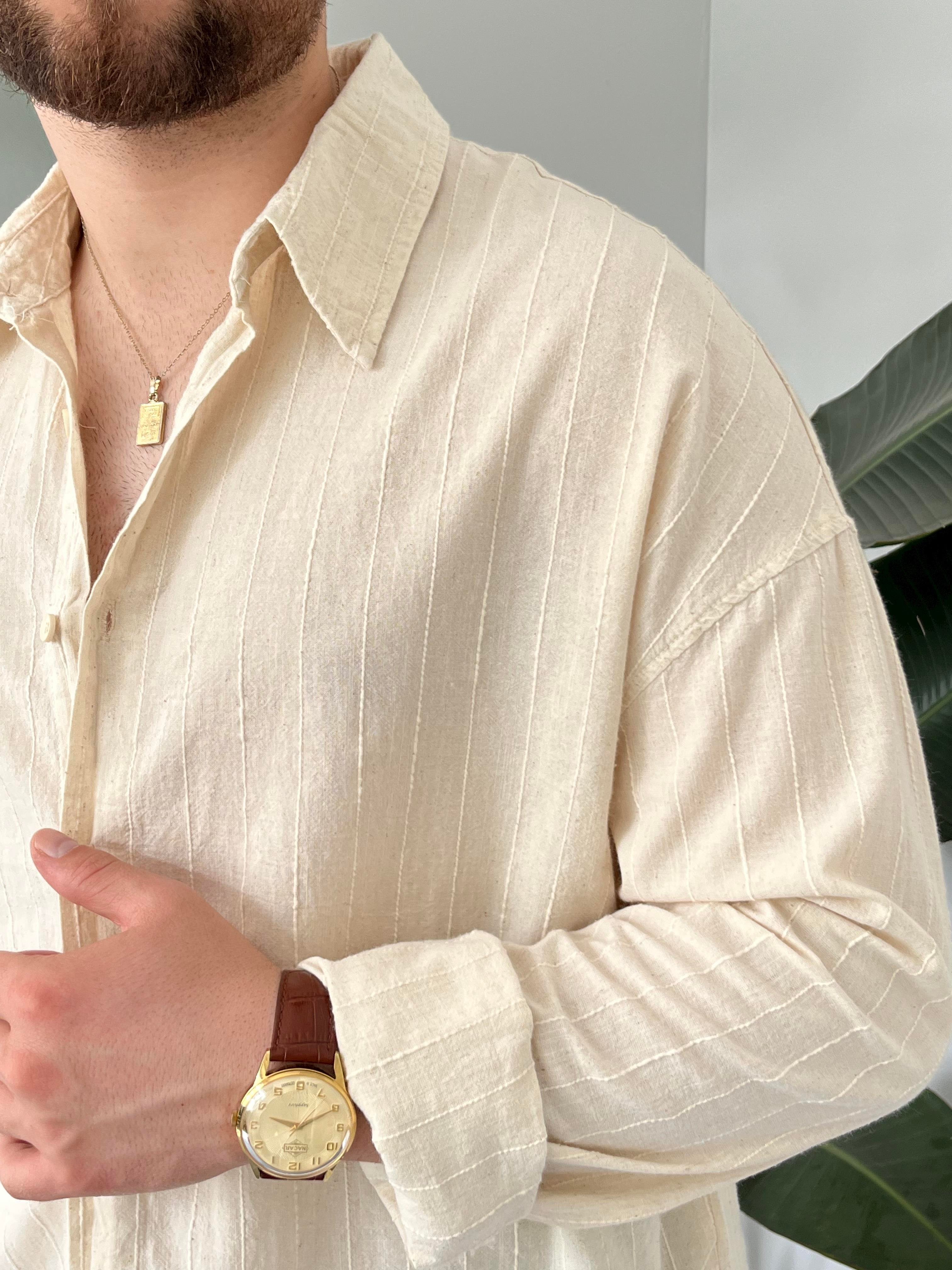Krem Çizgi Detaylı Oversize Gömlek