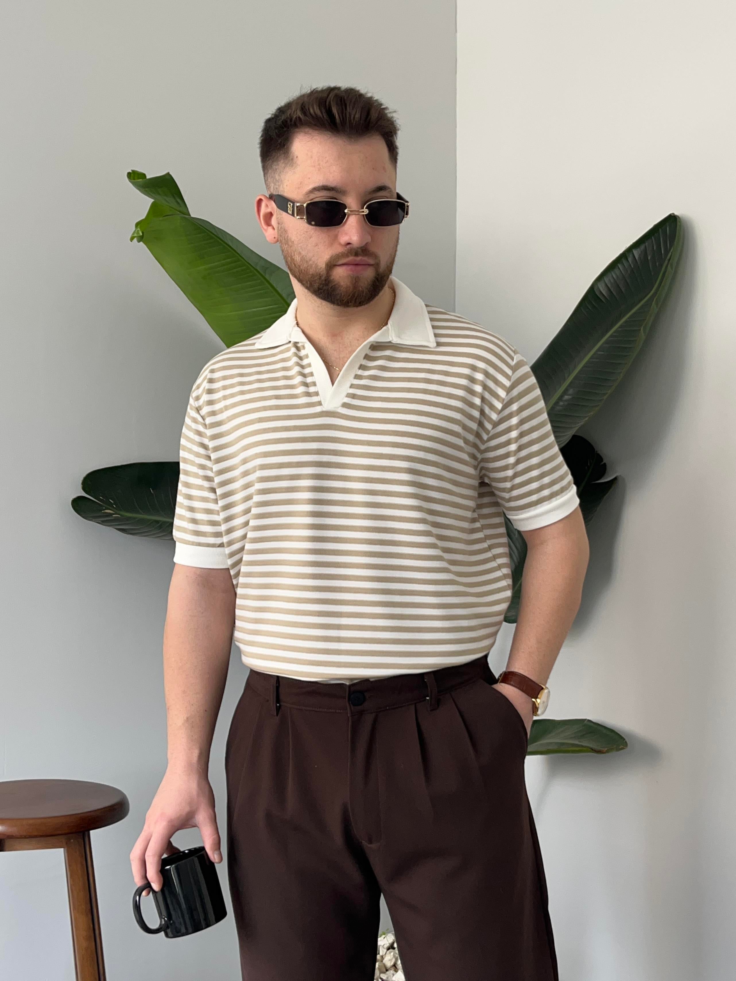 Krem Çizgili Polo Yaka Triko T-shirt