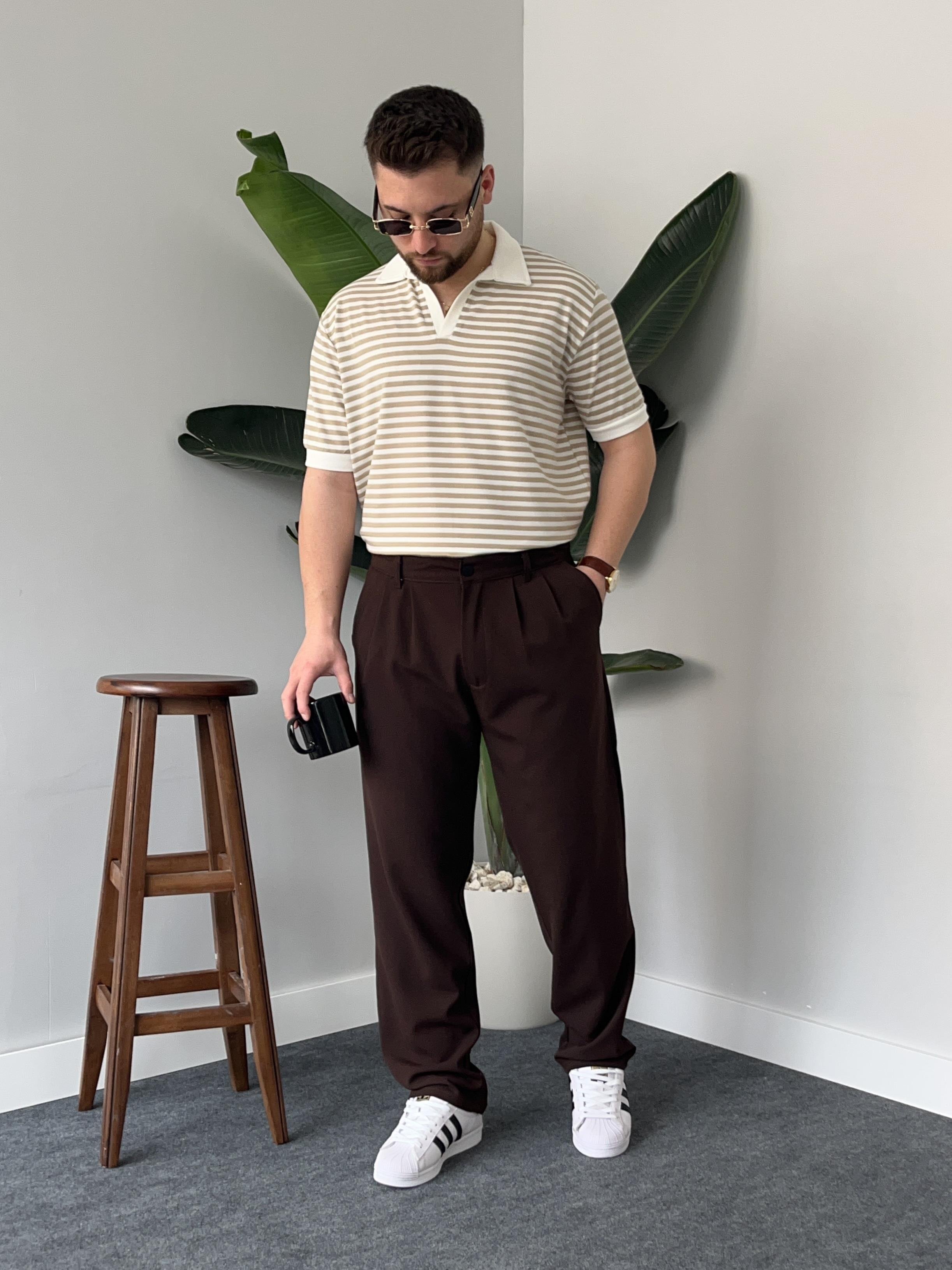Krem Çizgili Polo Yaka Triko T-shirt