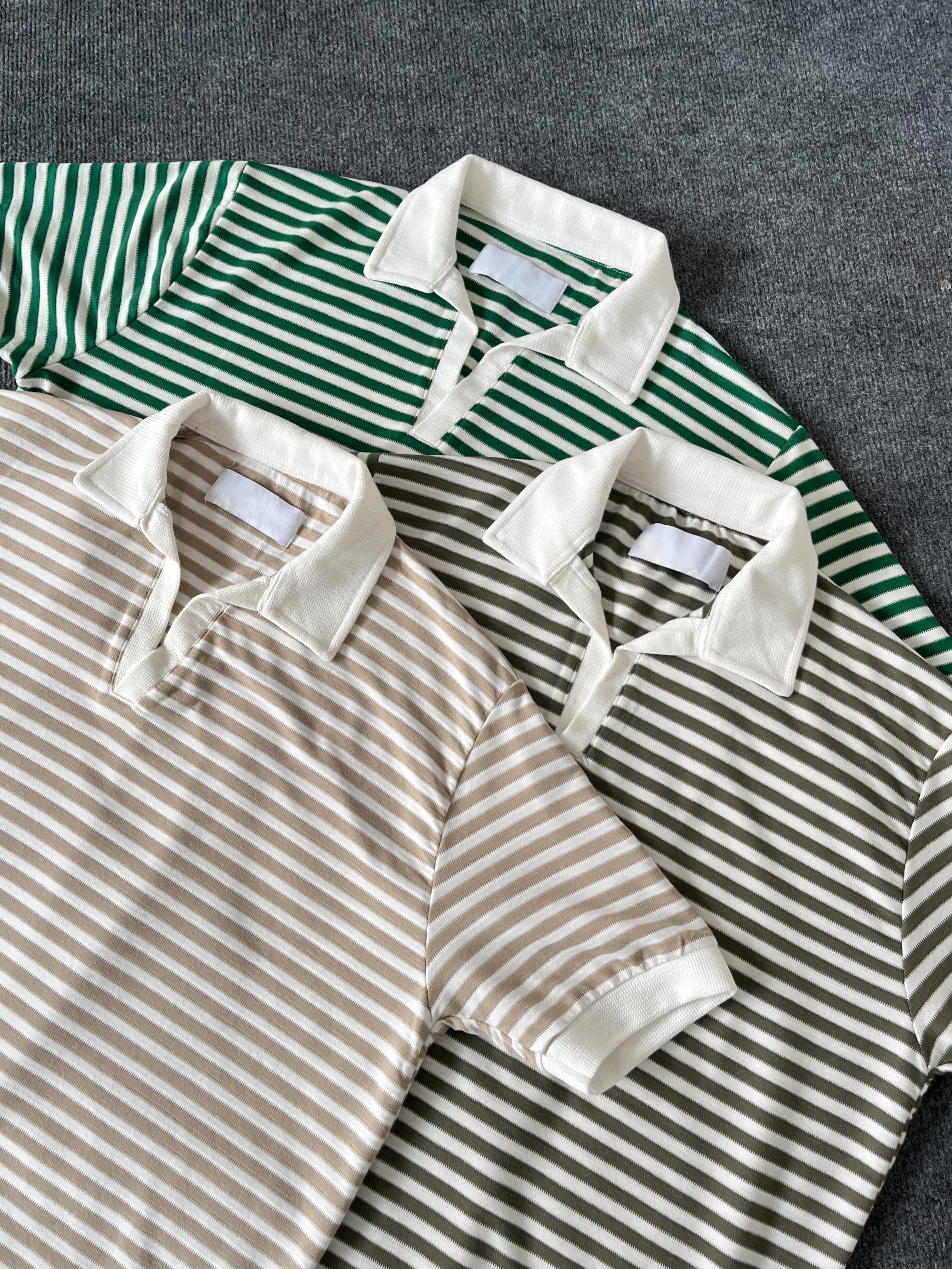 Krem Çizgili Polo Yaka Triko T-shirt
