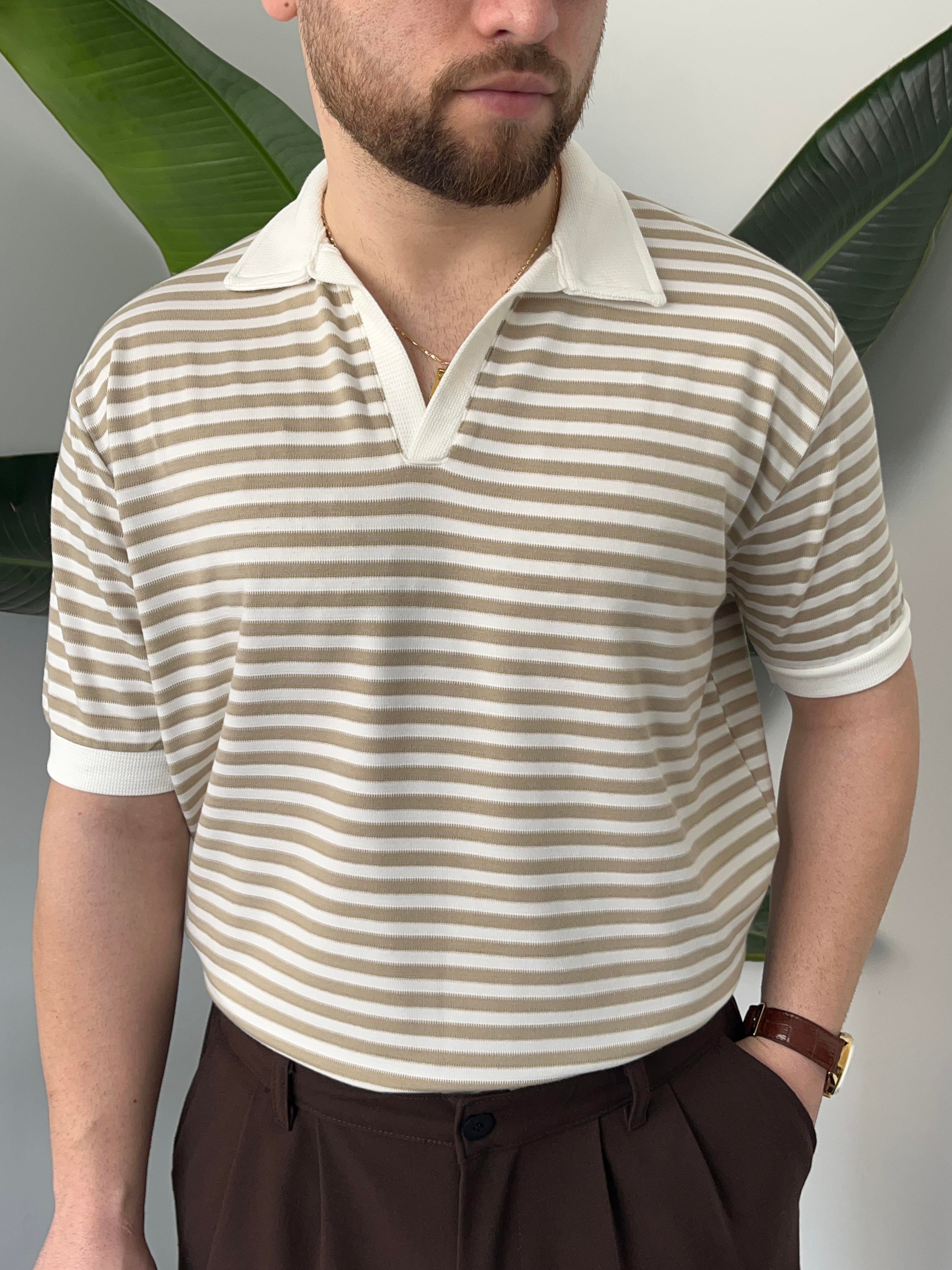 Krem Çizgili Polo Yaka Triko T-shirt