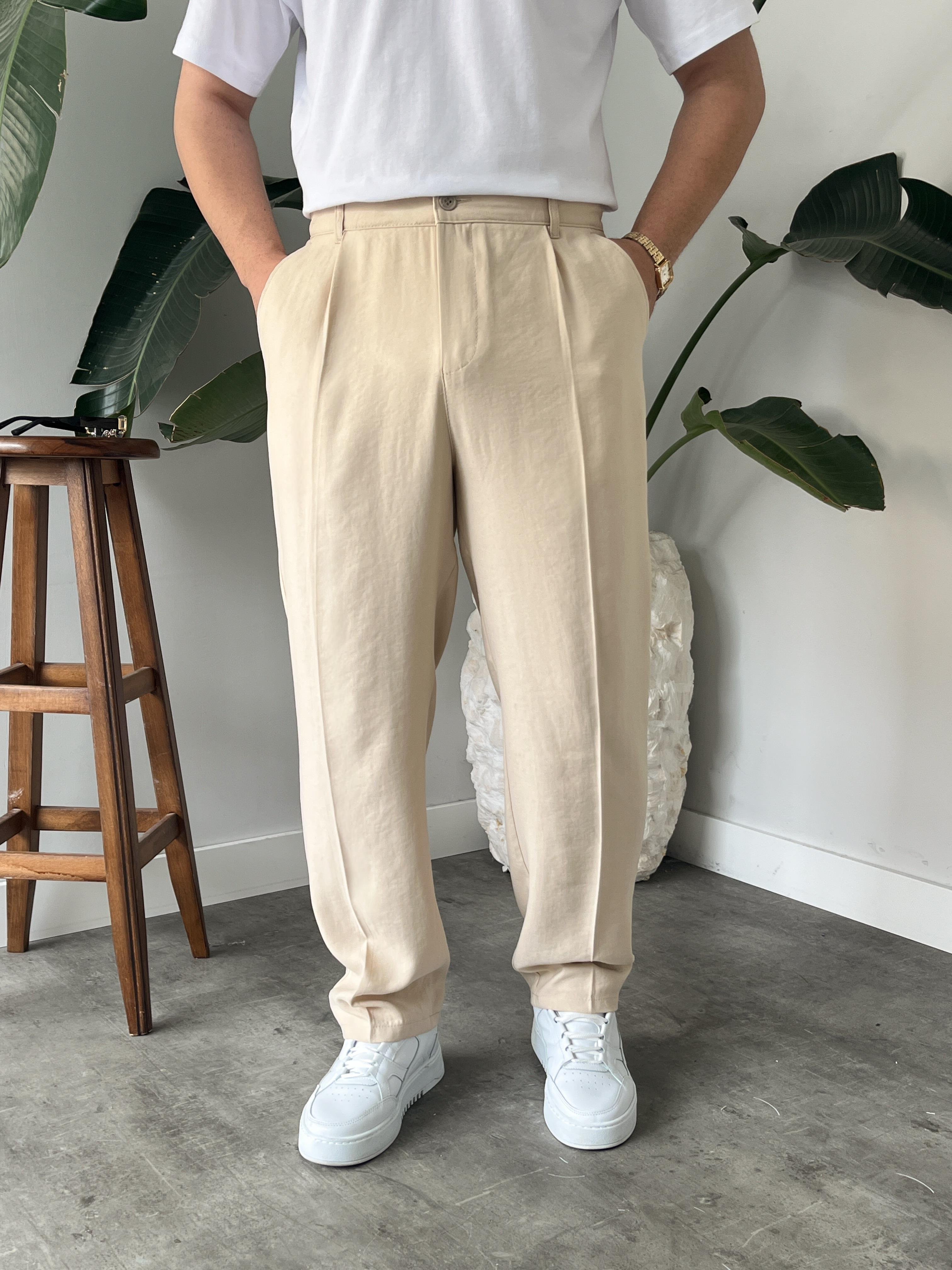 Krem Deluxe Pileli Modal Kumaş Baggy Pantolon
