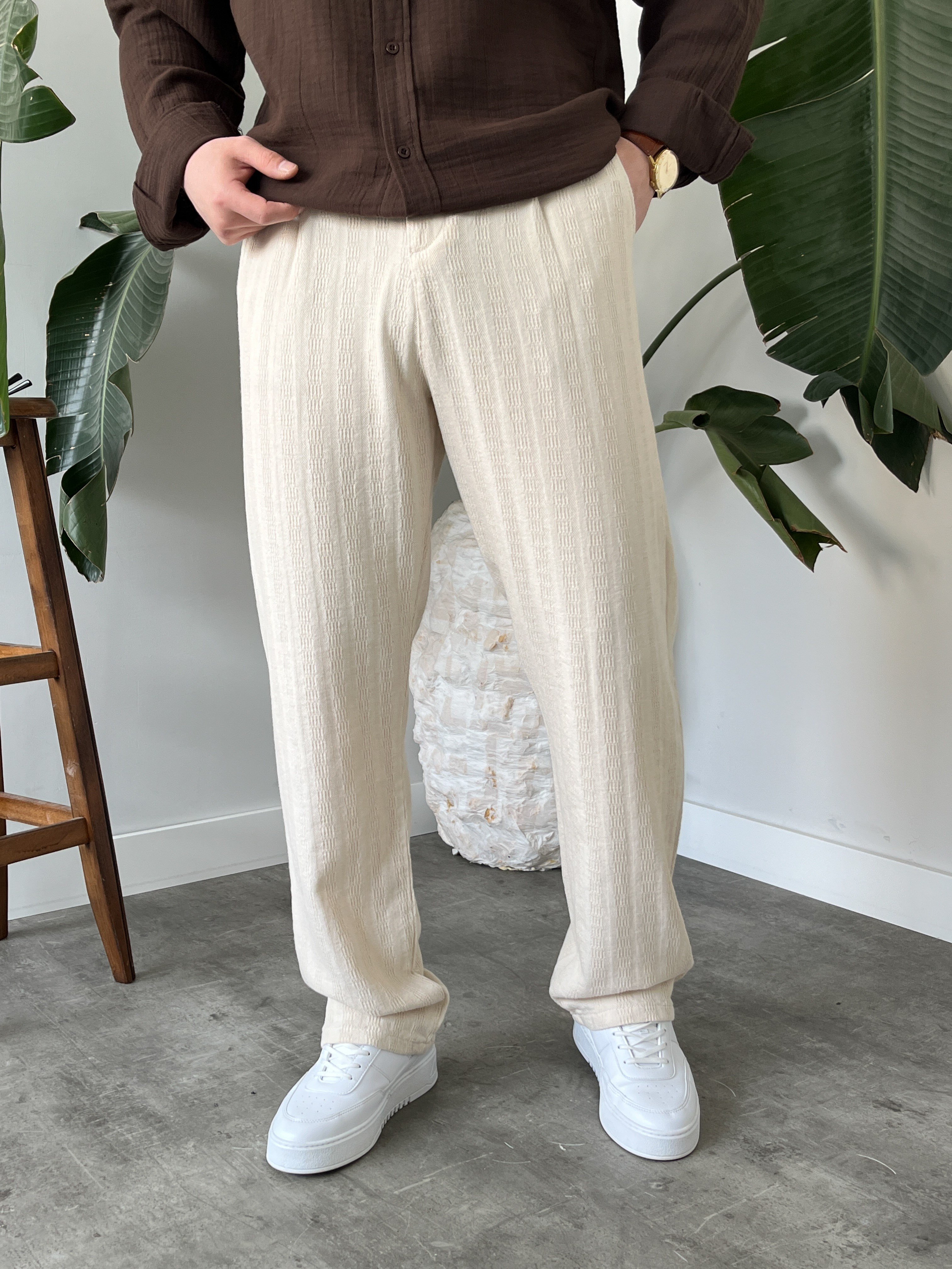 Krem Desenli Keten Baggy Pantolon