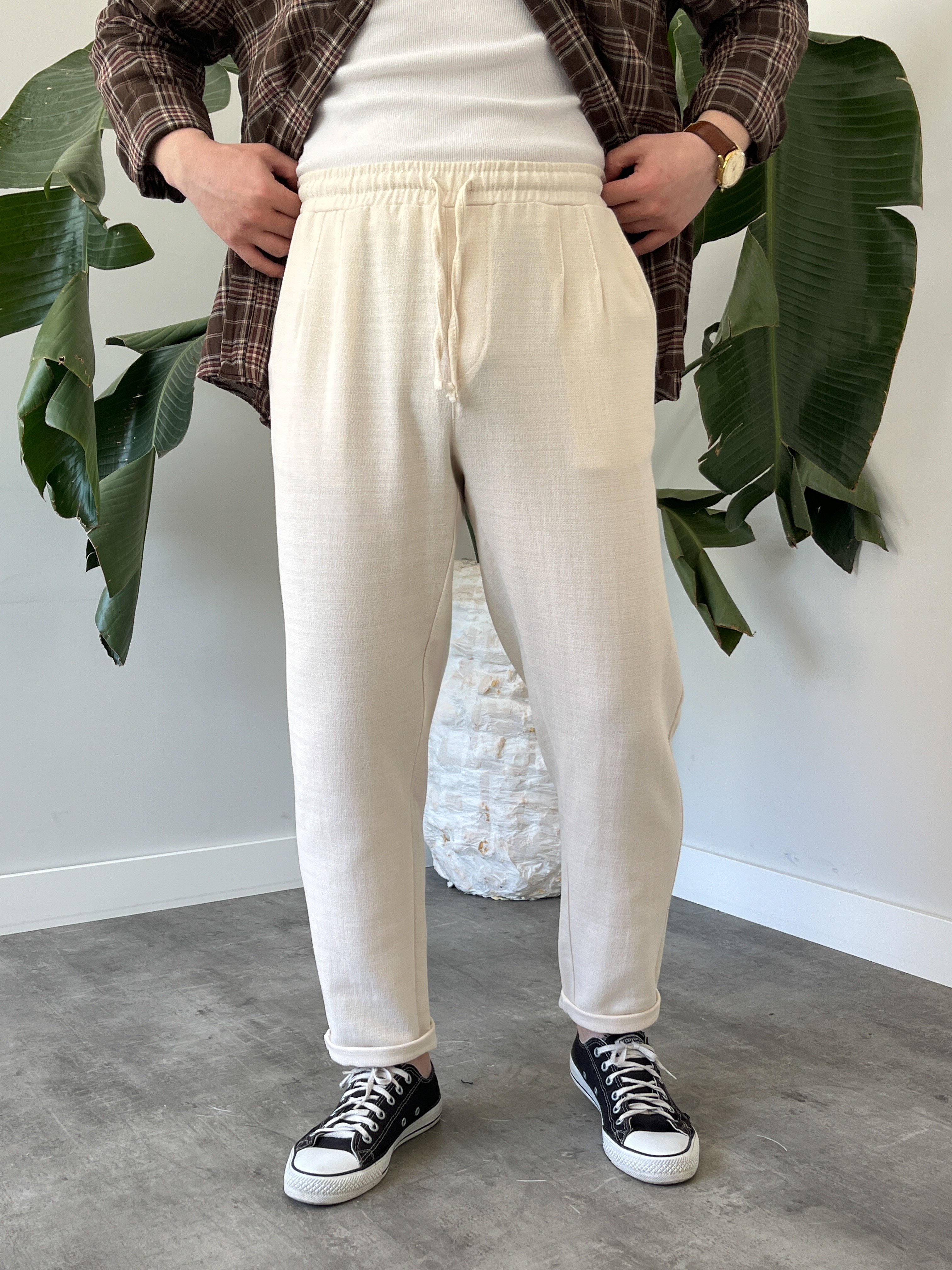 Krem Duble Paça Keten Boyfriend Pantolon