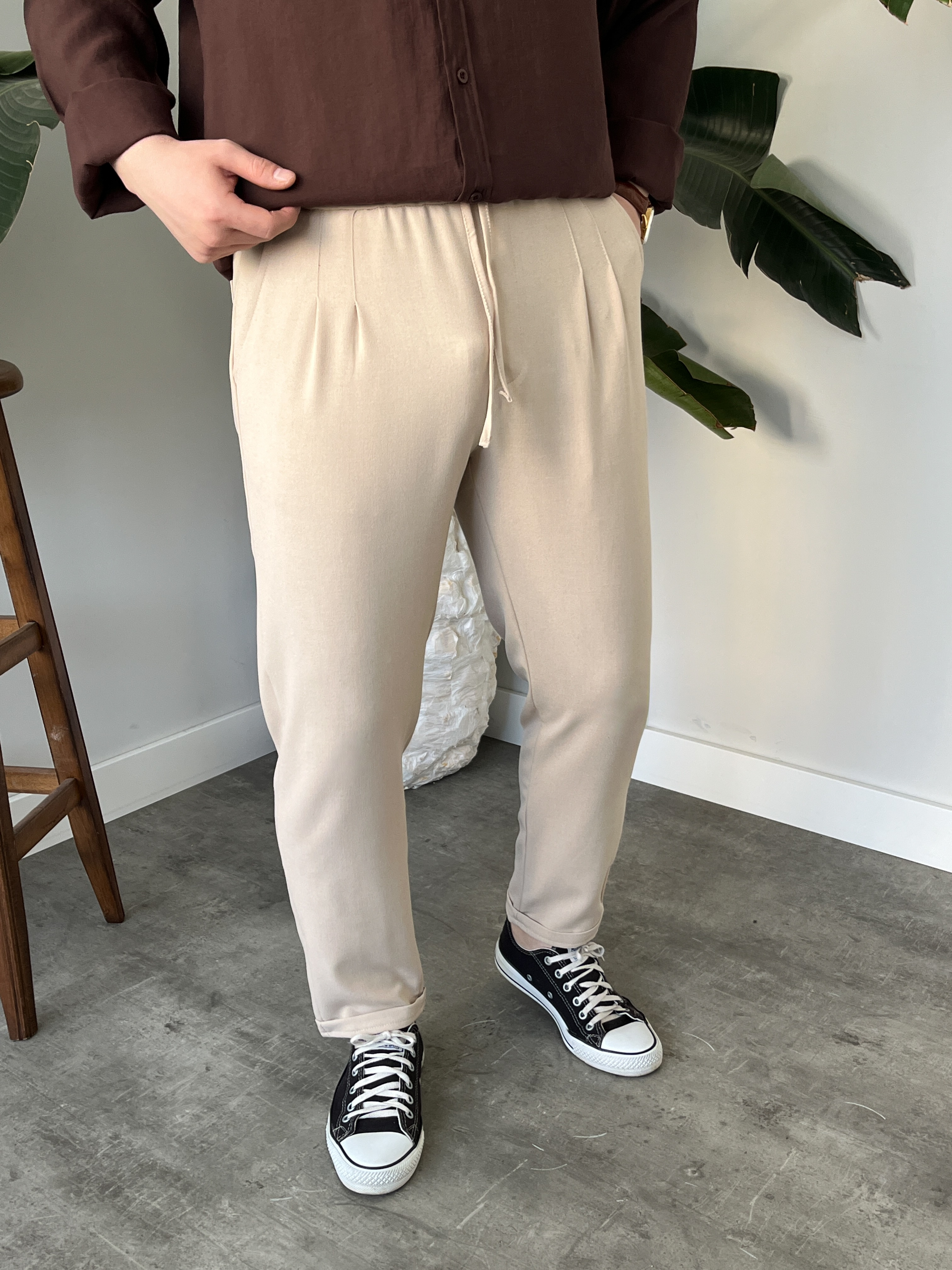 Krem Duble Paça Kumaş Jogger Pantolon