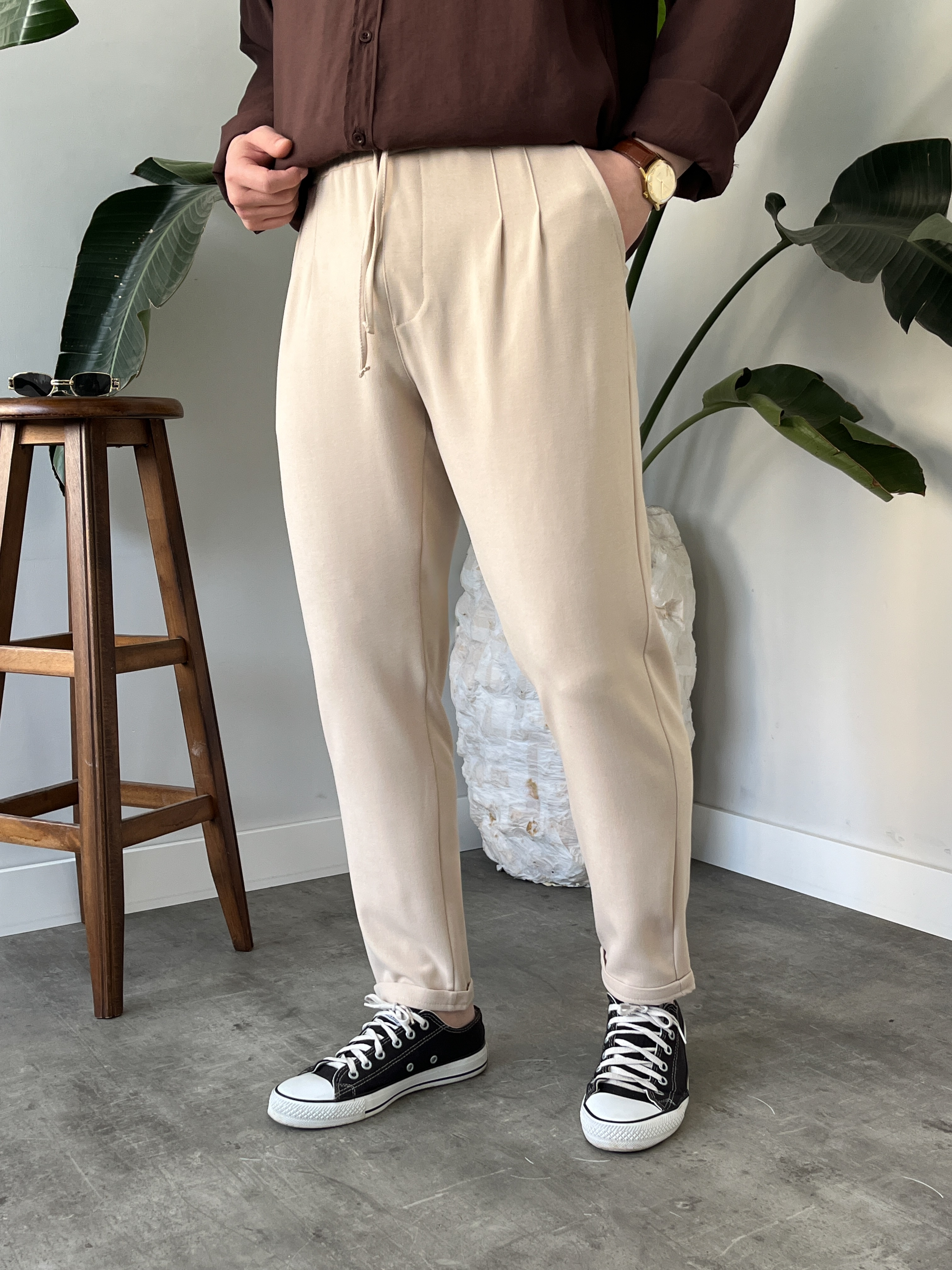 Krem Duble Paça Kumaş Jogger Pantolon