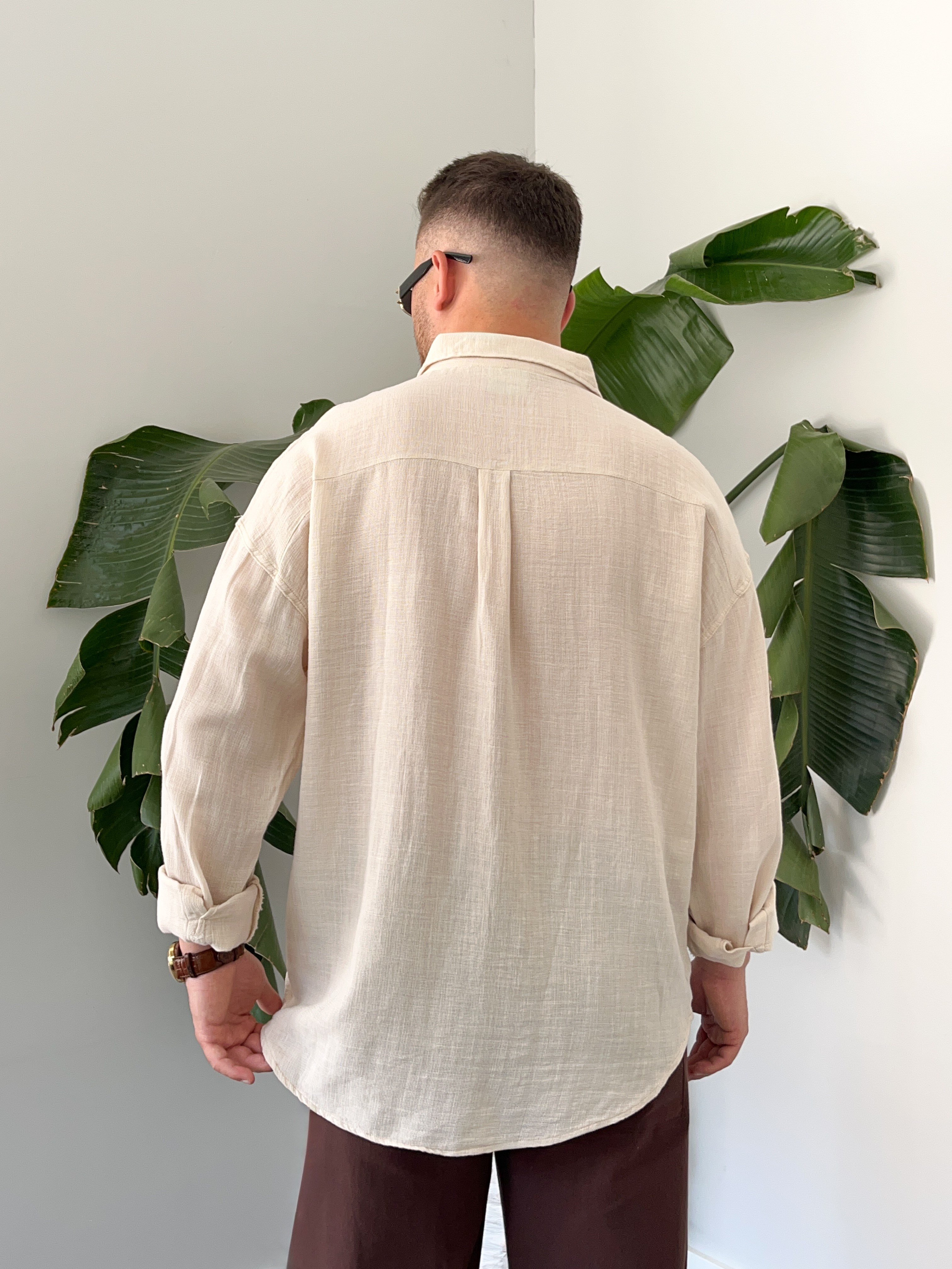 Krem Etamin Keten Oversize Gömlek