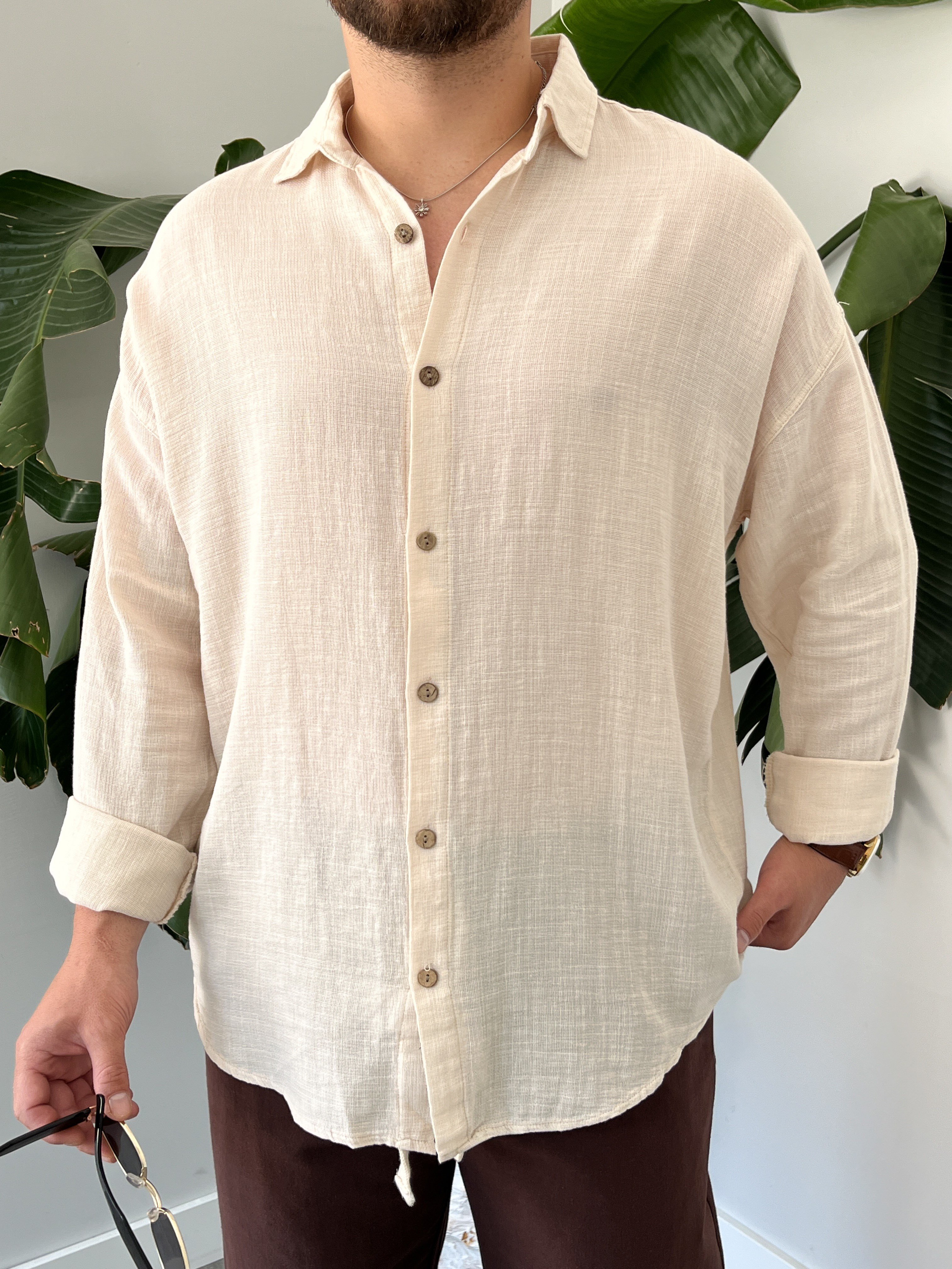 Krem Etamin Keten Oversize Gömlek