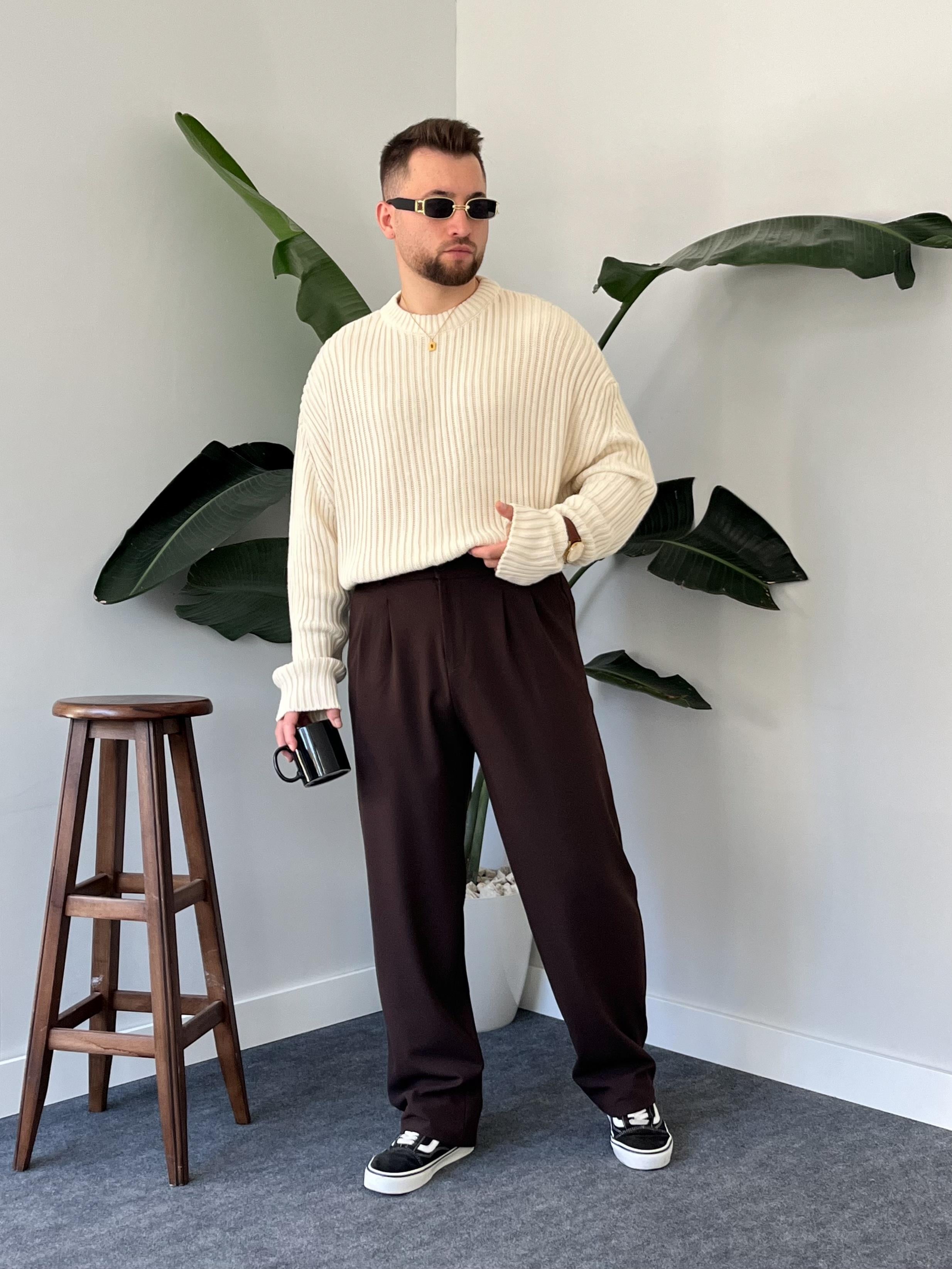 Krem Extra Dolgulu Oversize Örgü Kazak