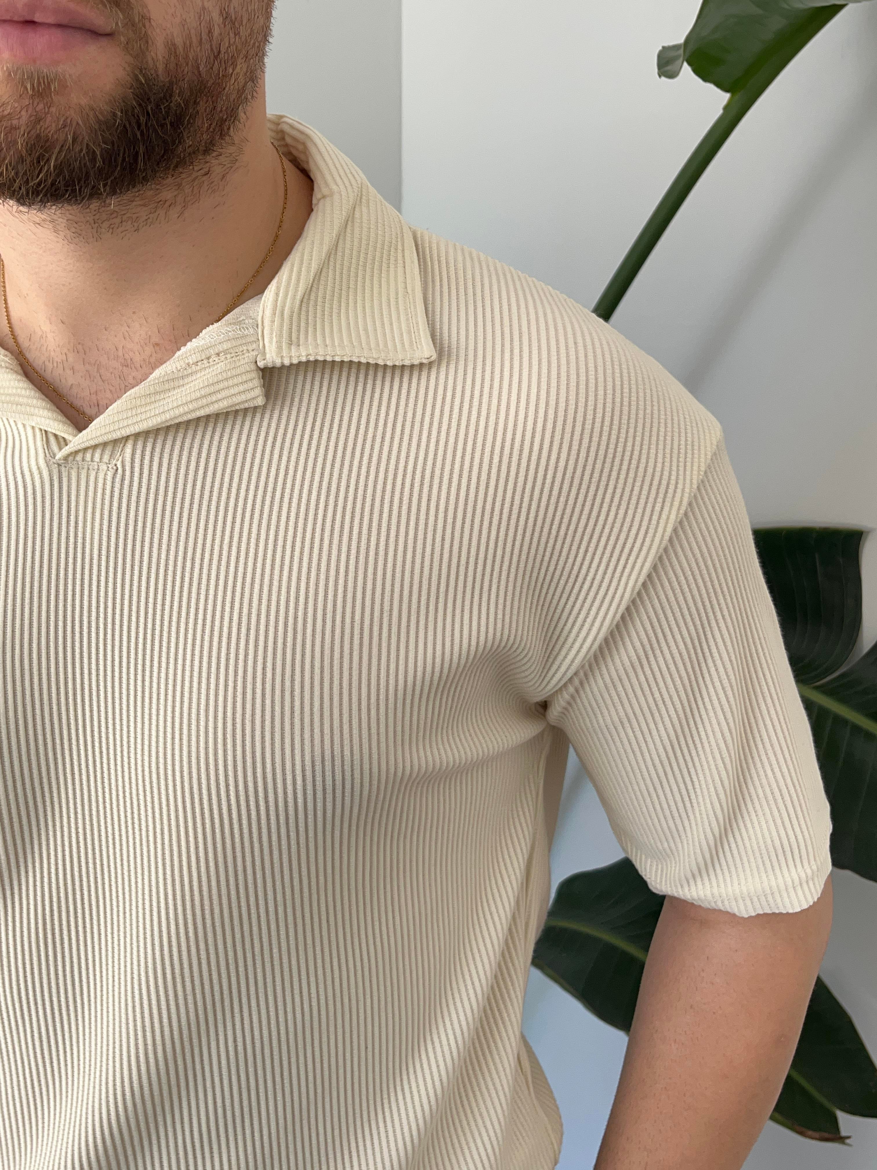 Krem Fitilli Polo Yaka T-shirt