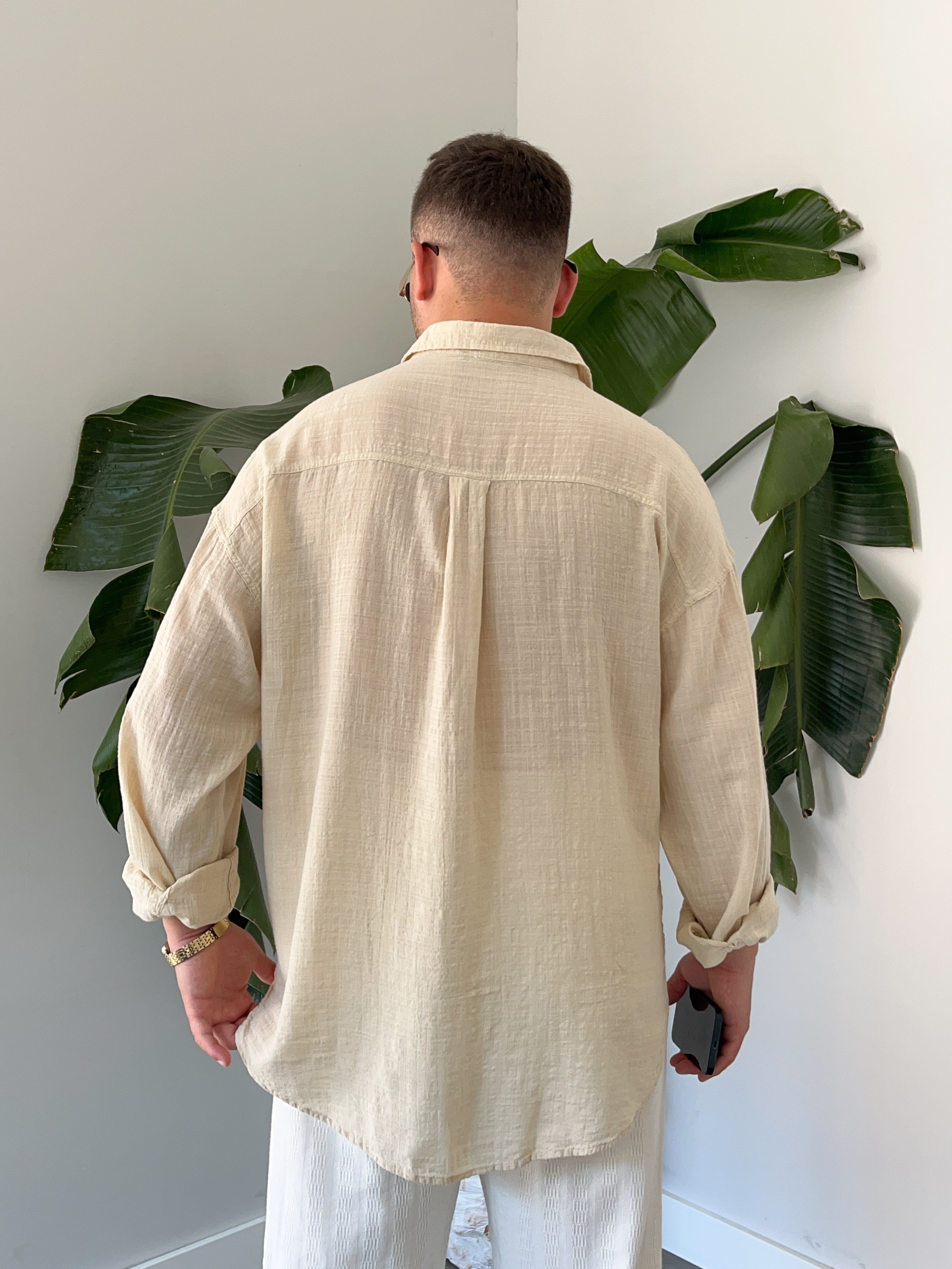 Krem Gofre Keten Oversize Gömlek