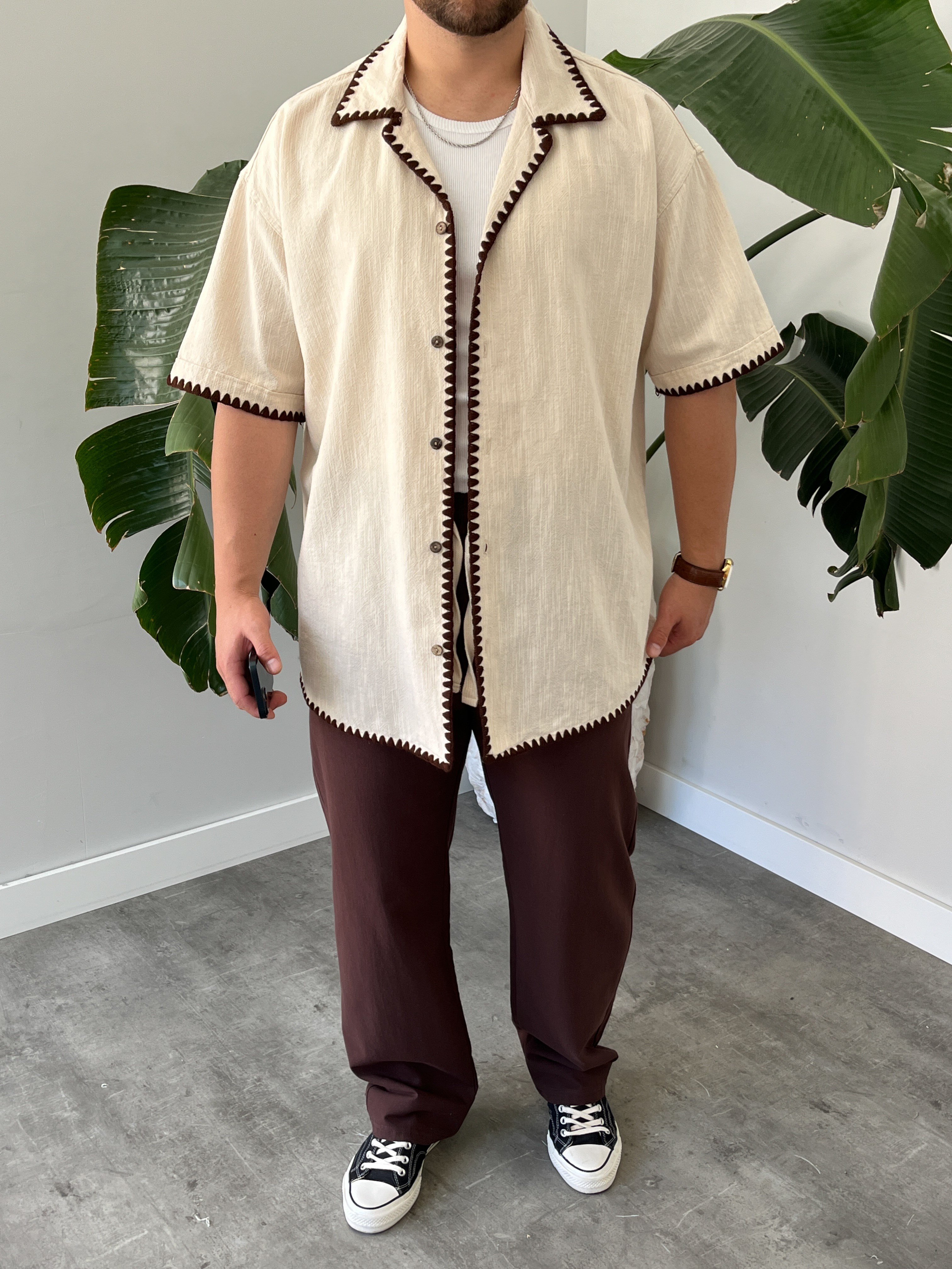 Krem Kontrast Dikiş Keten Oversize Gömlek