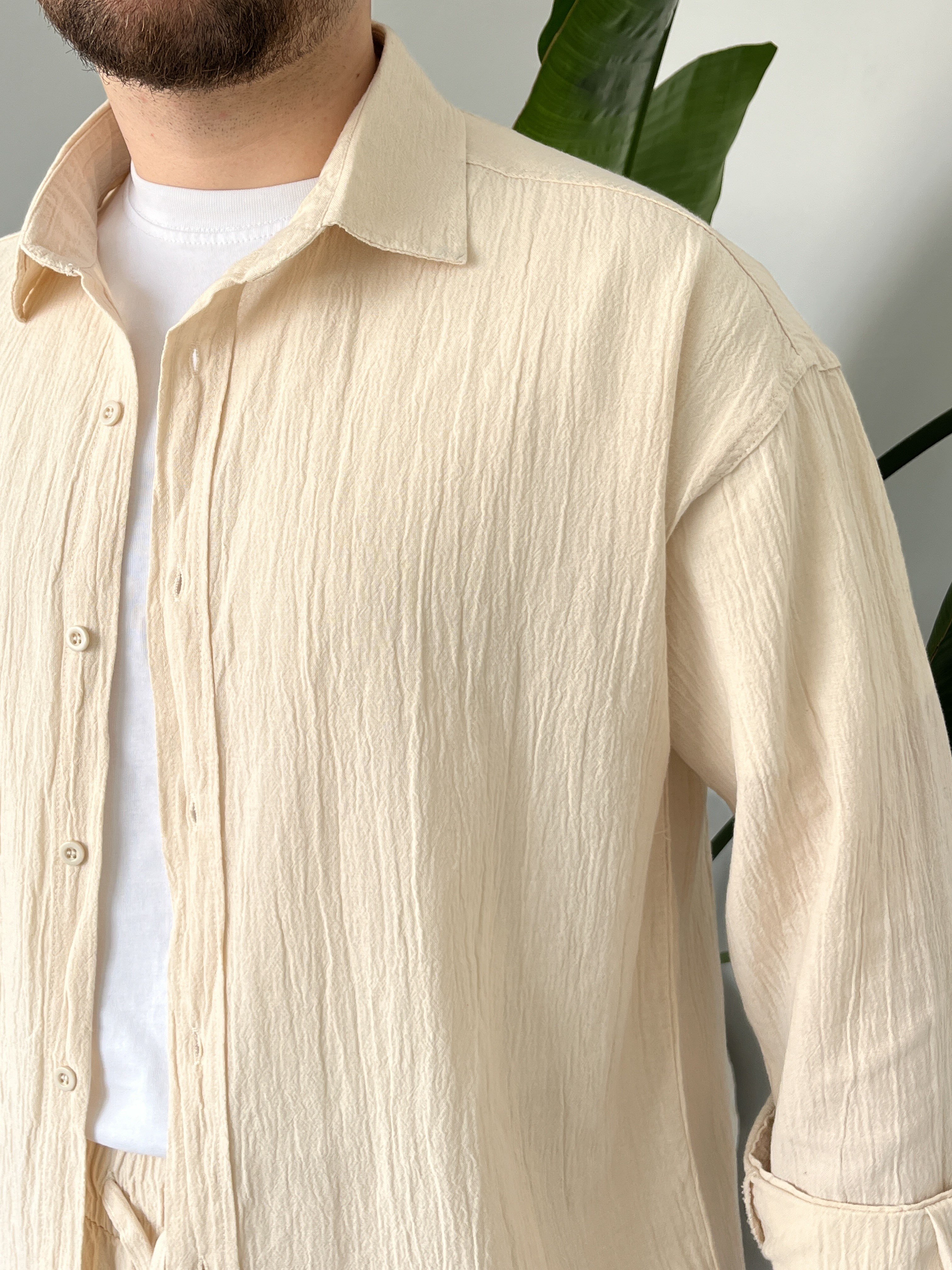 Krem Krinkıl Keten Oversize Takım