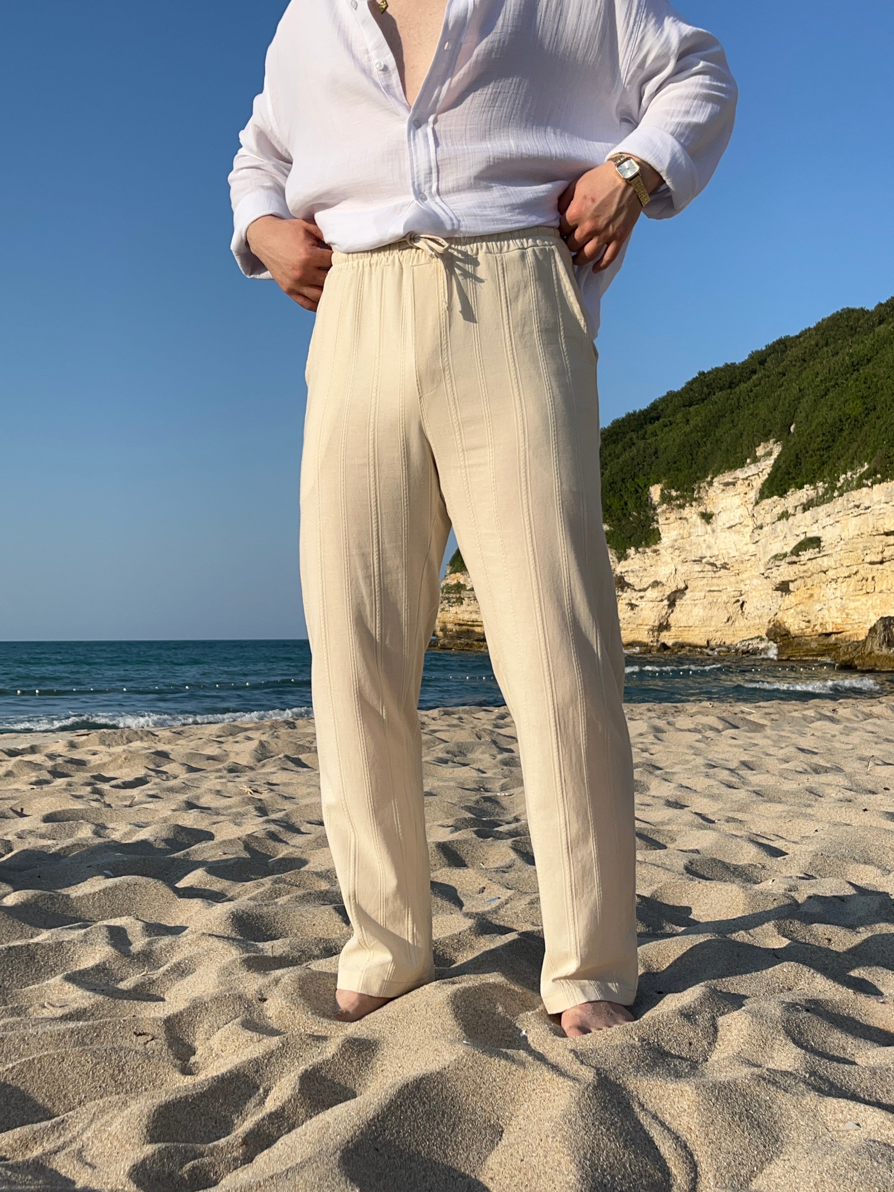 Krem Örgü Desen Keten Baggy Pantolon