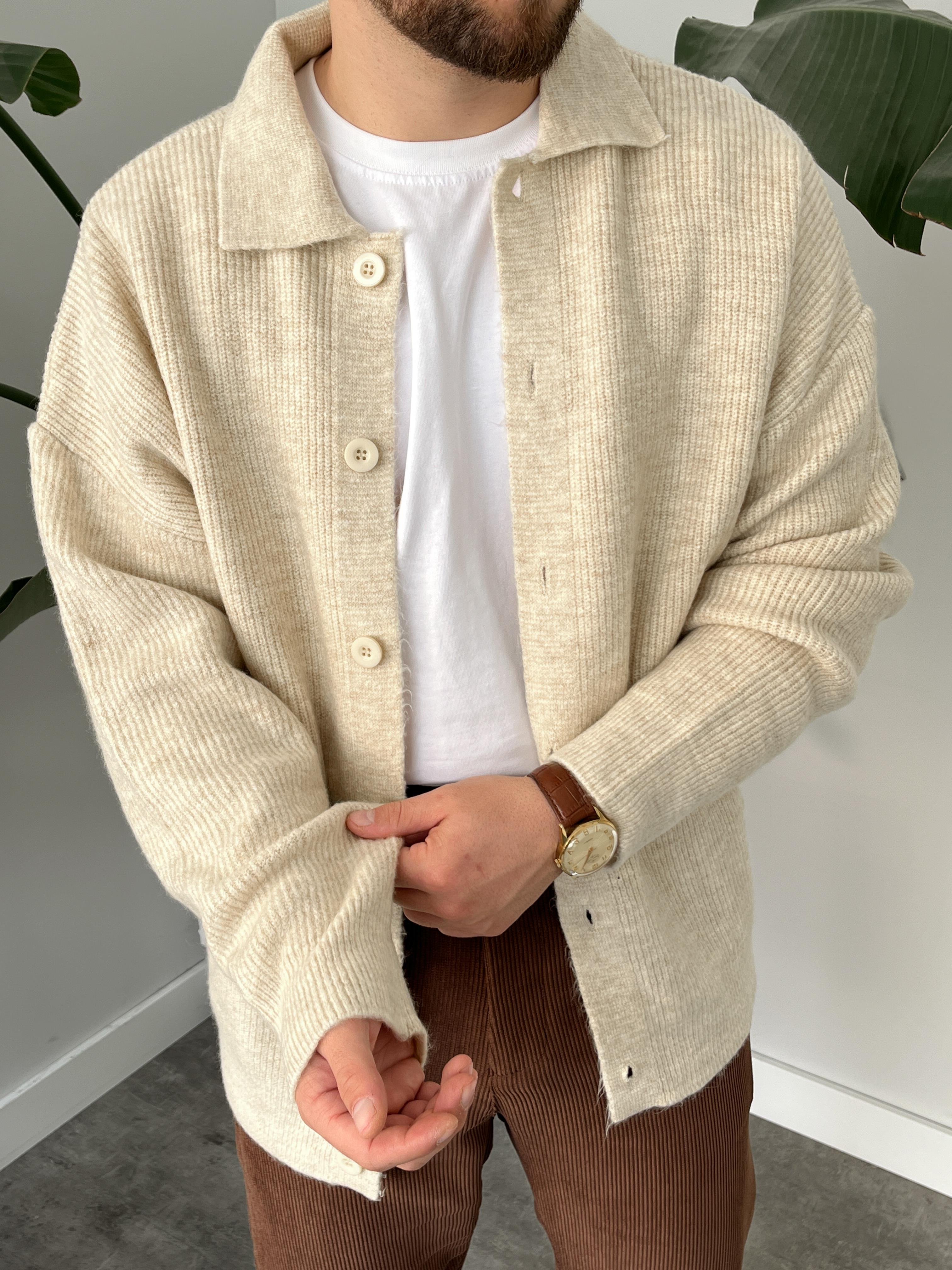 Krem Örme Düğmeli Polo Yaka Oversize Hırka