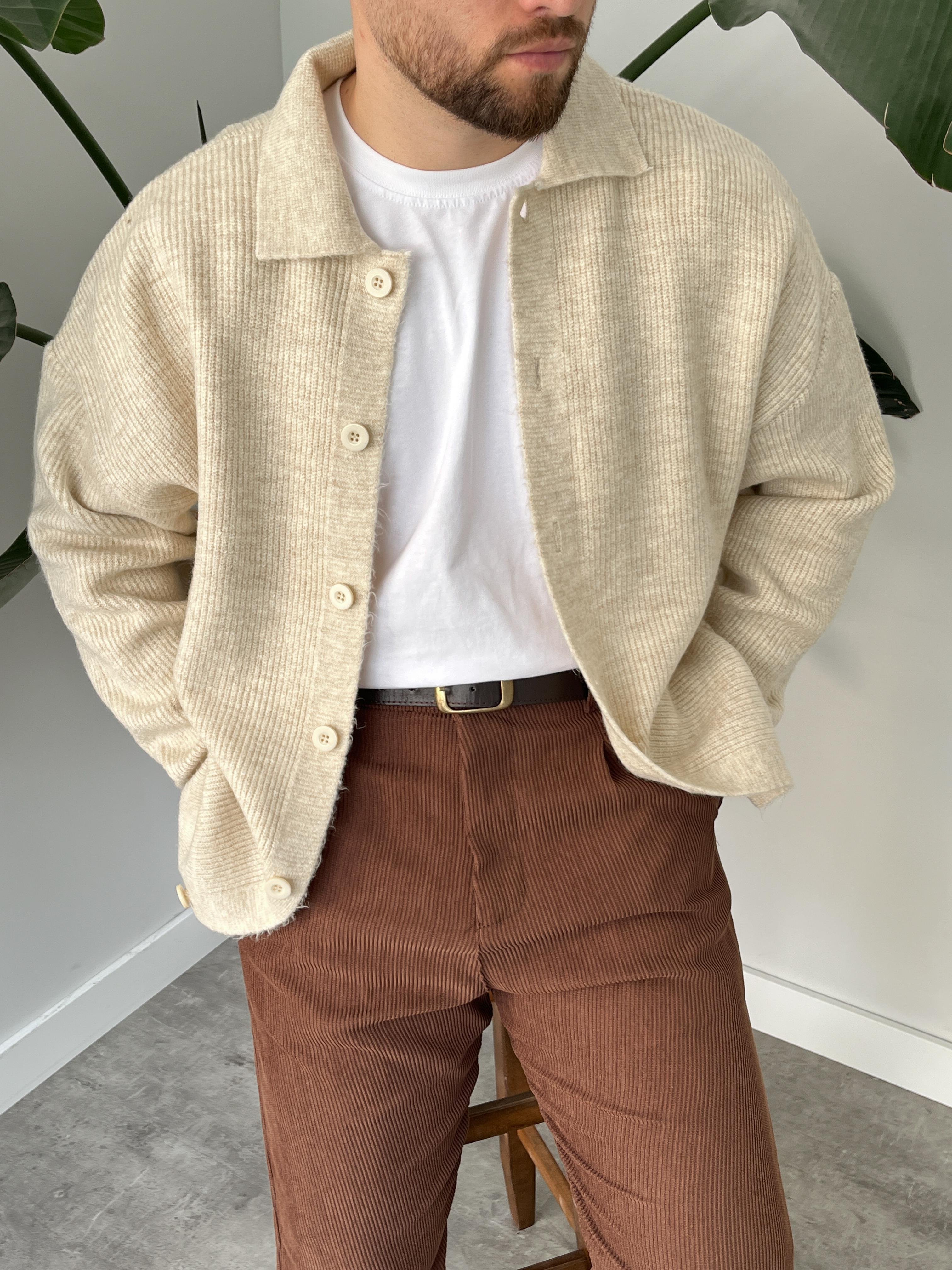 Krem Örme Düğmeli Polo Yaka Oversize Hırka
