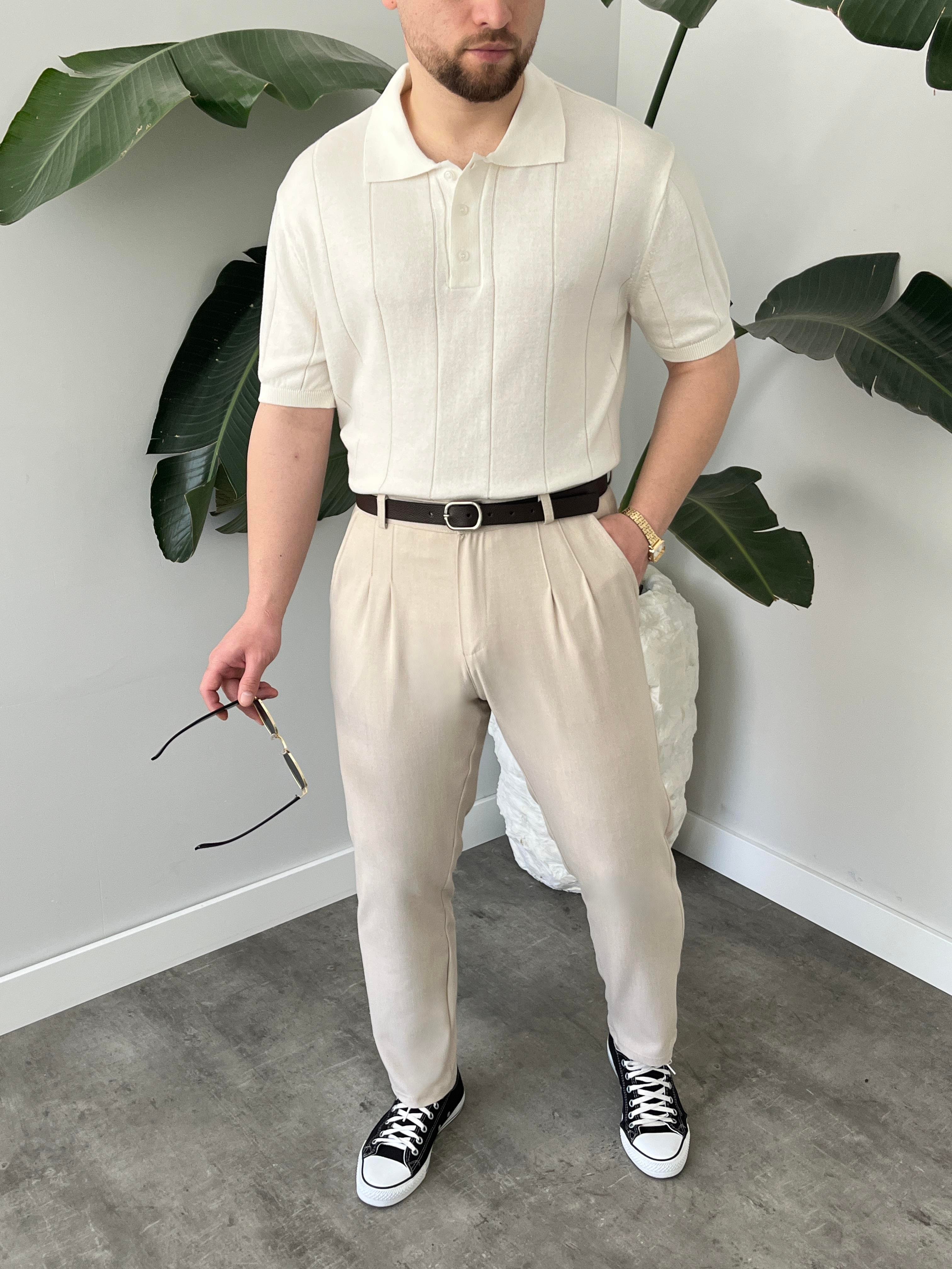 Krem Pileli Boyfriend Kumaş Pantolon