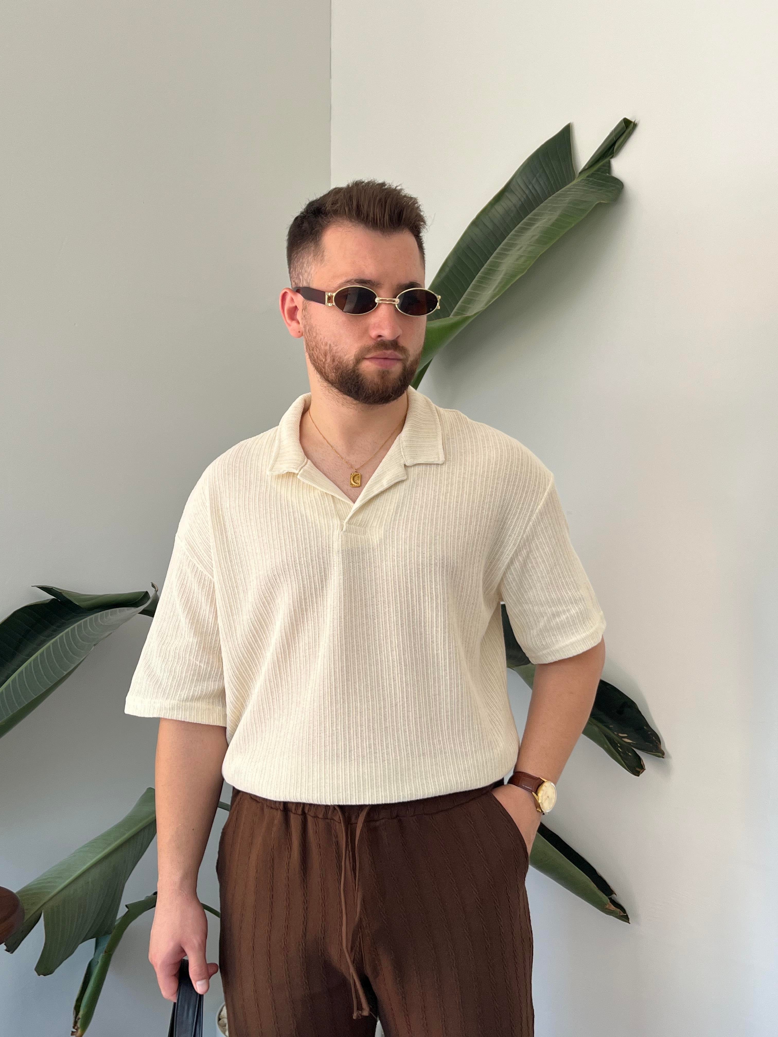 Krem Polo Yaka Örme Triko T-shirt