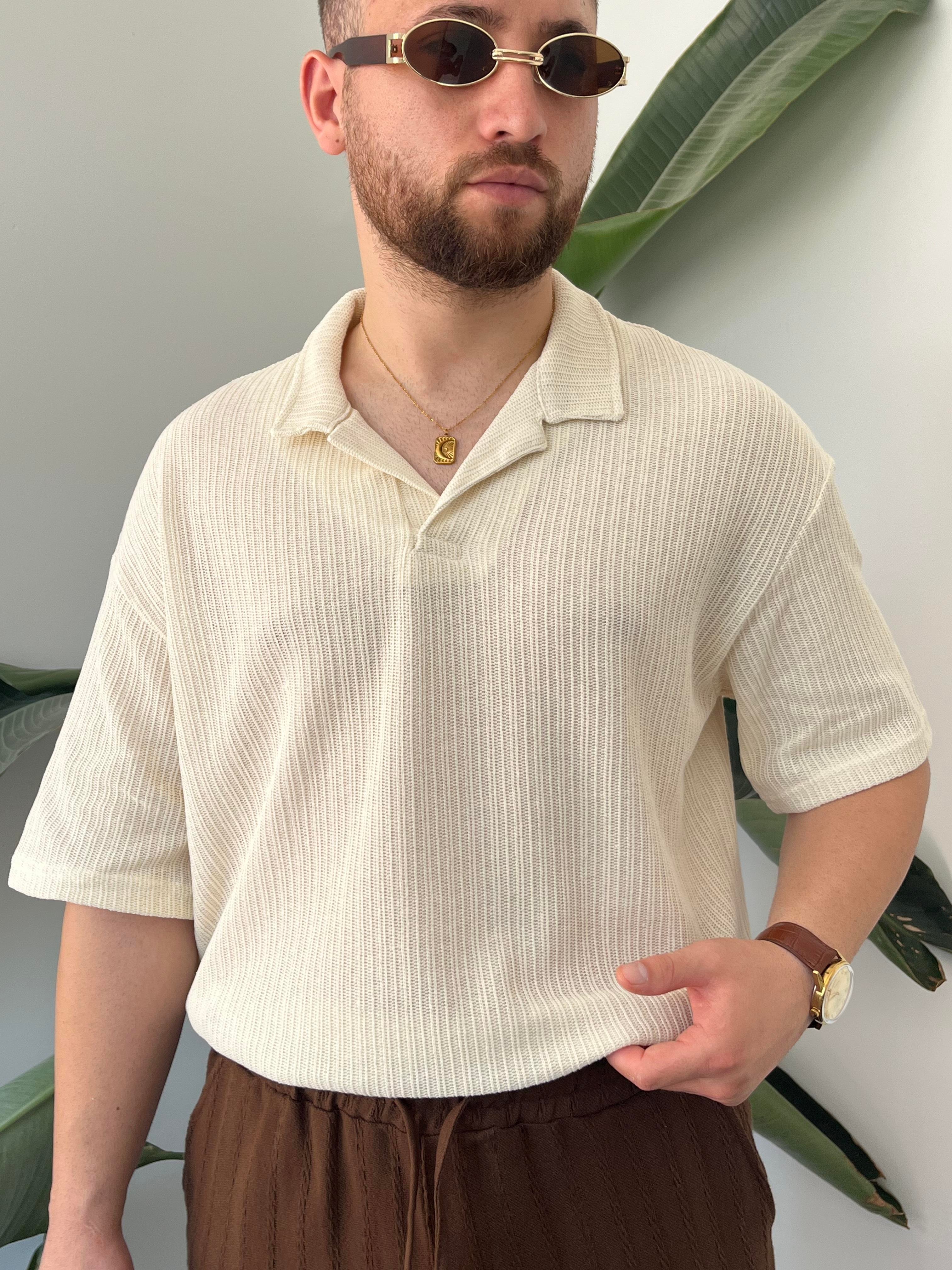 Krem Polo Yaka Örme Triko T-shirt
