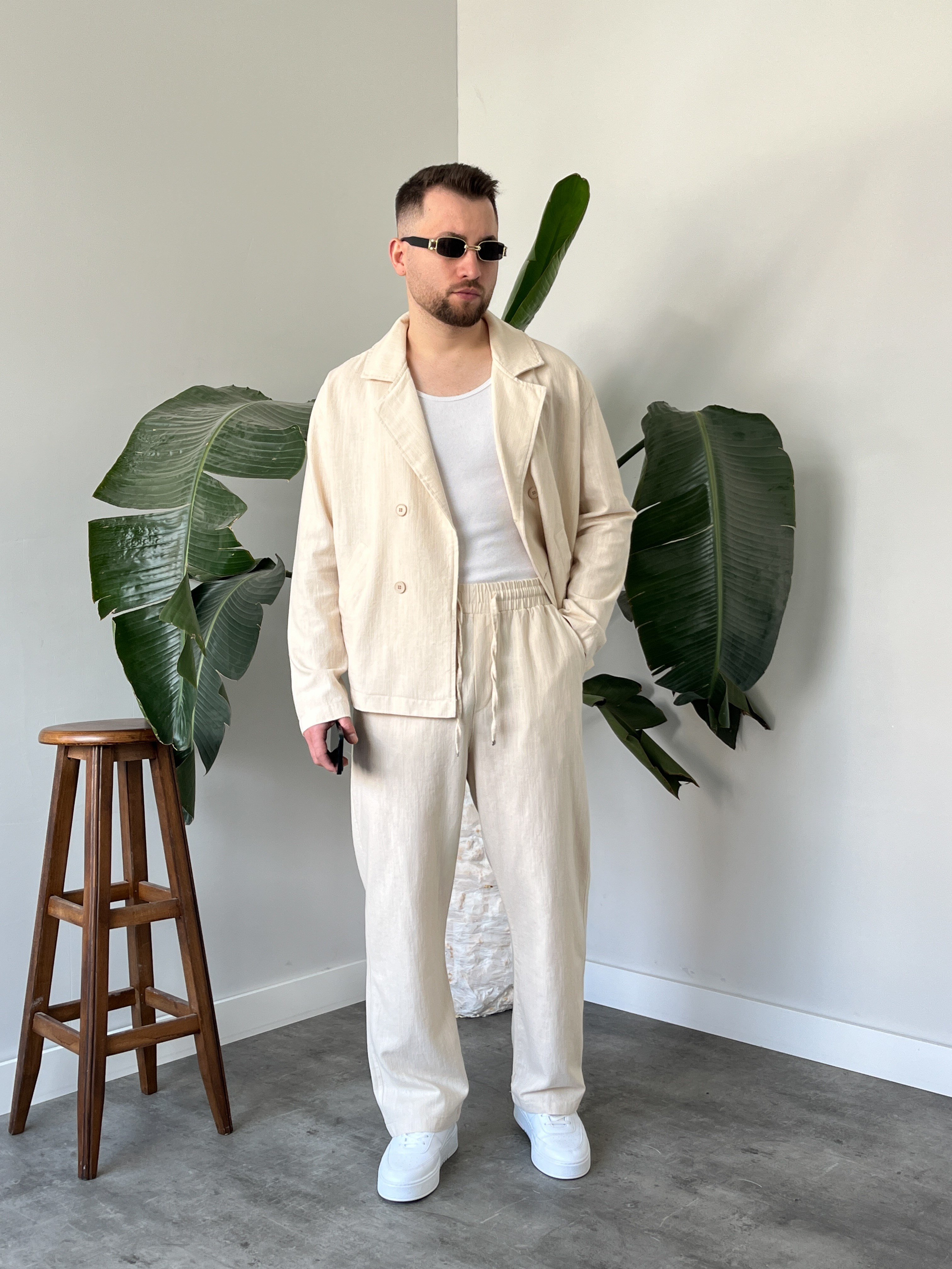 Krem Premium Keten Oversize Kruvaze Takım