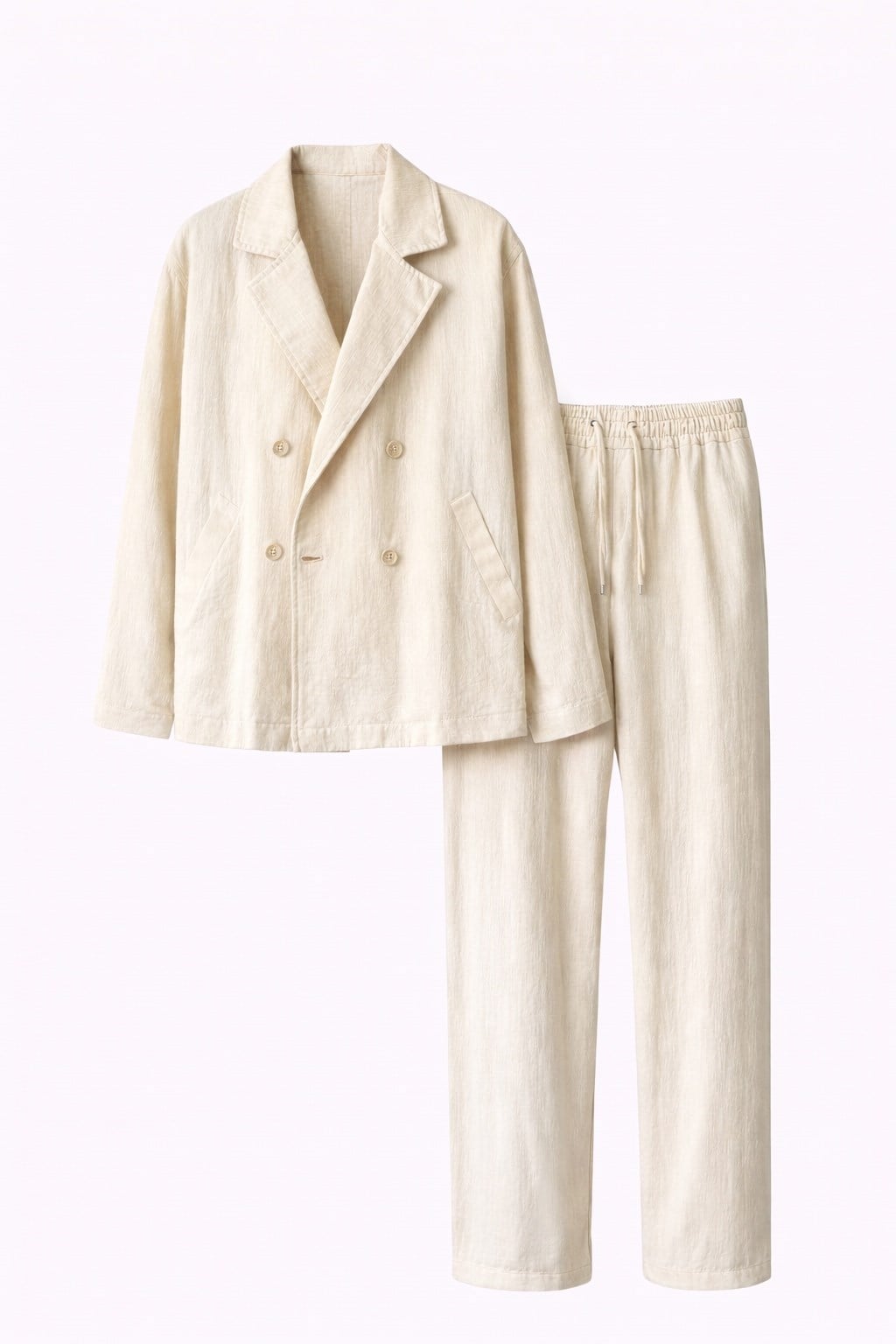 Krem Premium Keten Oversize Kruvaze Takım
