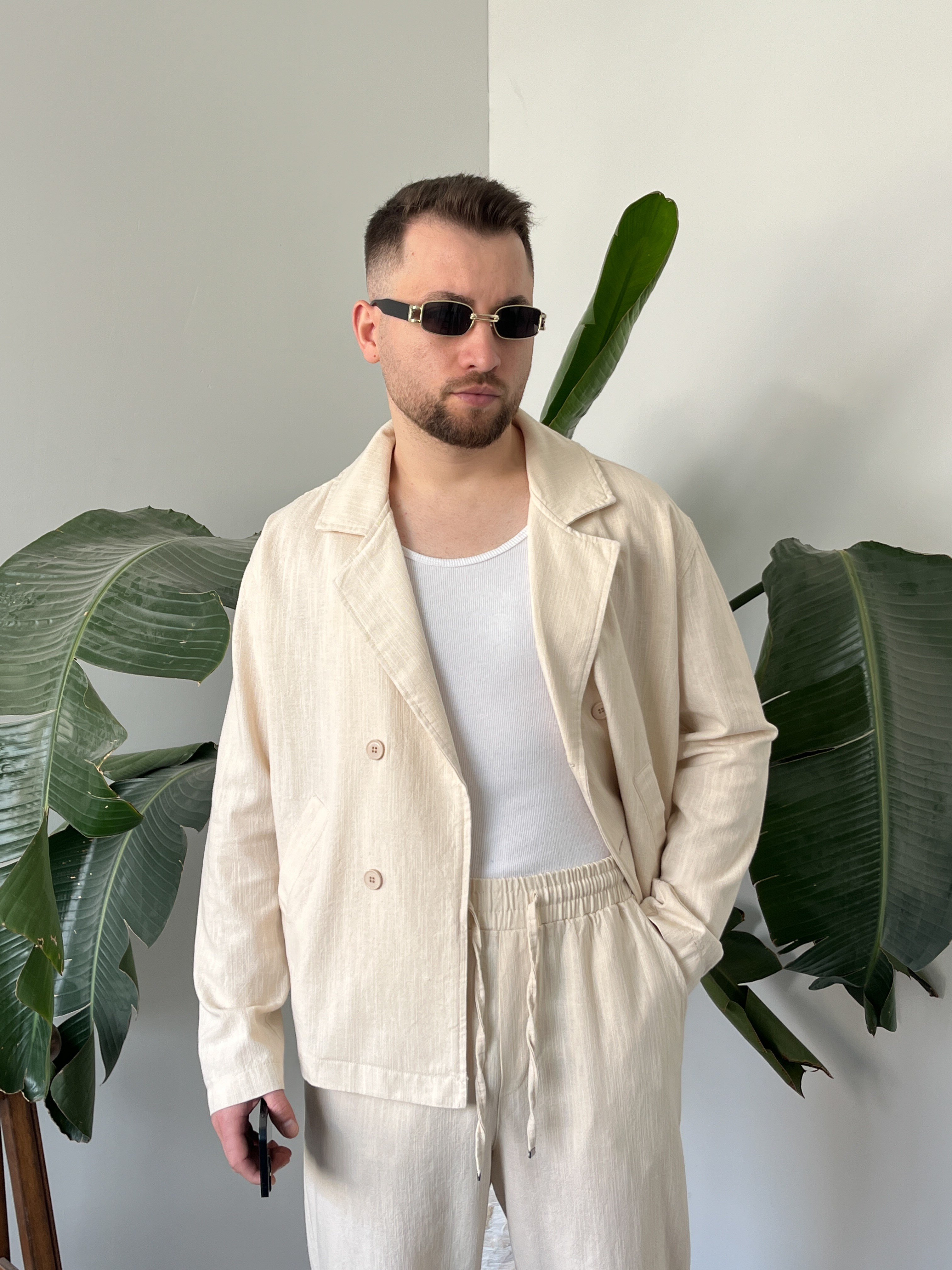 Krem Premium Keten Oversize Kruvaze Takım