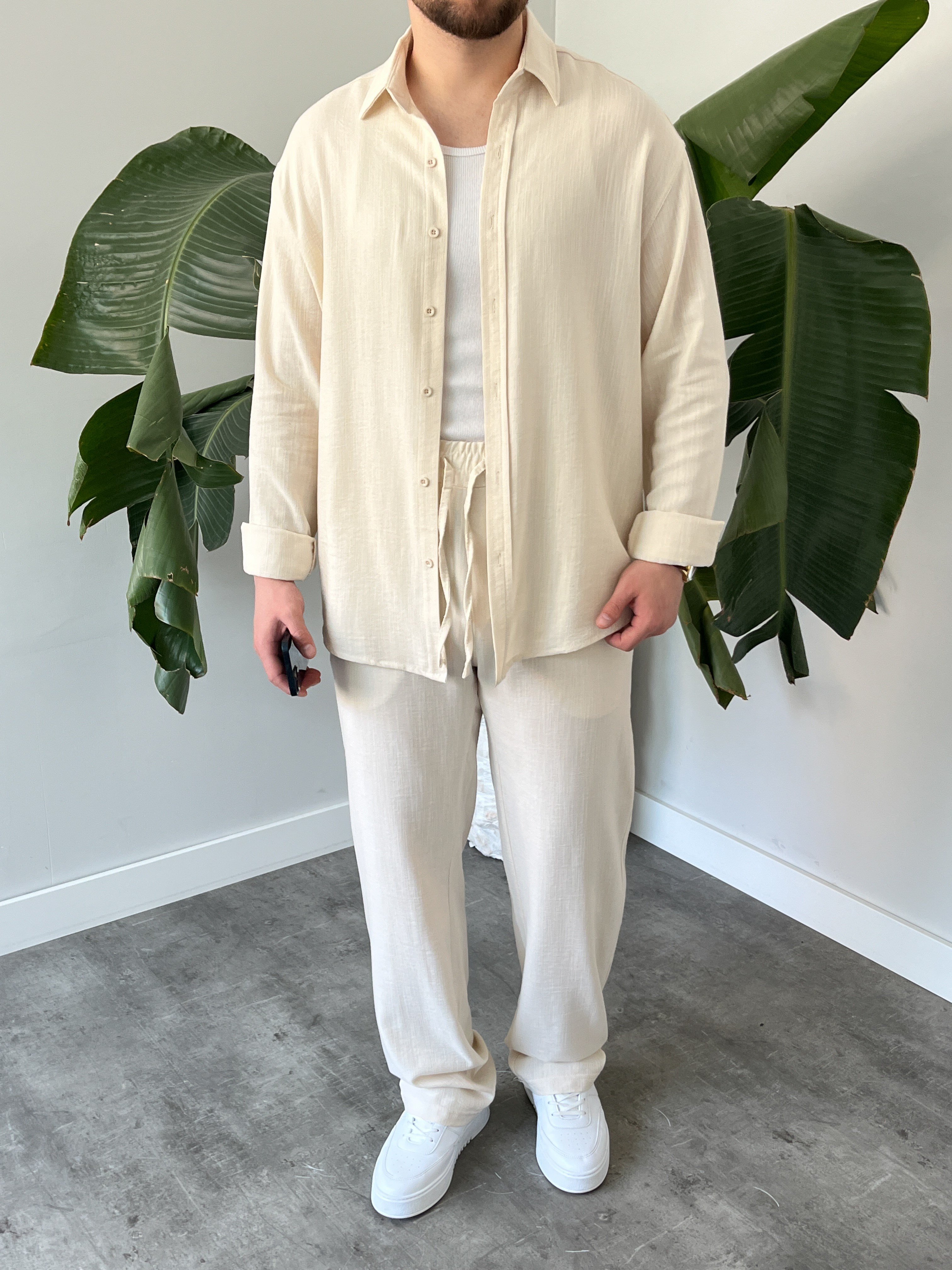 Krem Serra Keten Oversize Takım