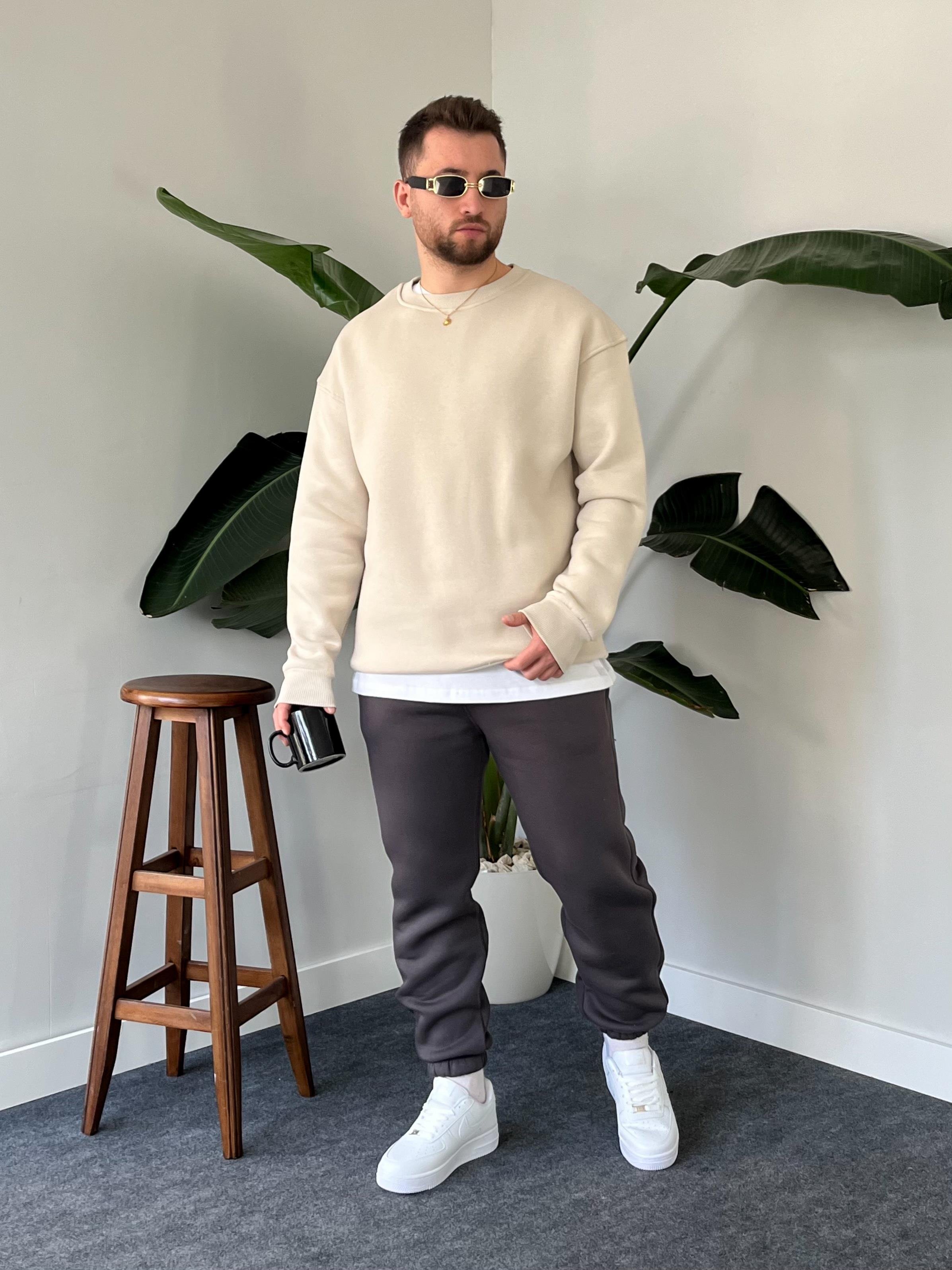 Krem Üç İplik Şardonlu Basic Sweatshirt