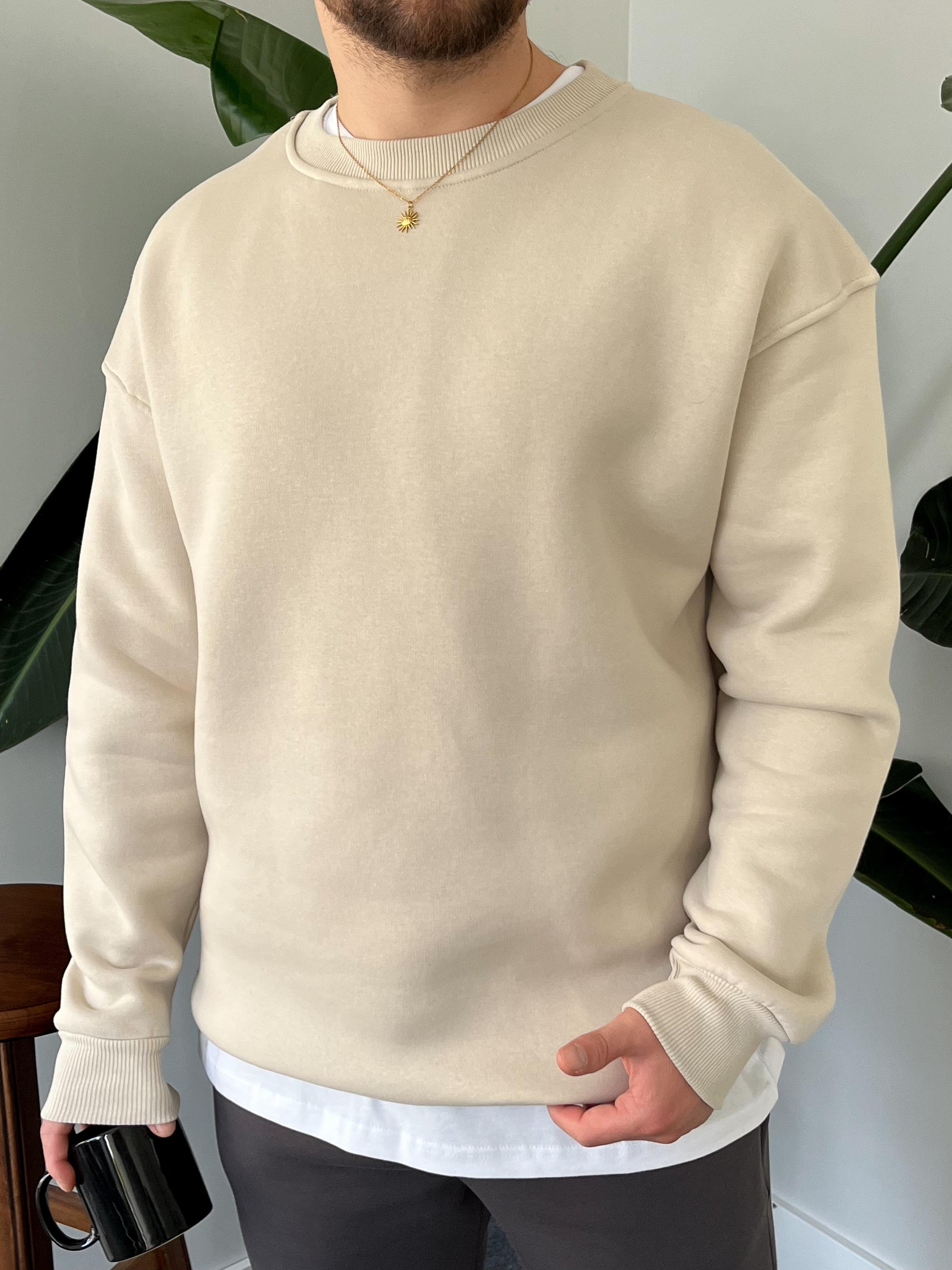 Krem Üç İplik Şardonlu Basic Sweatshirt