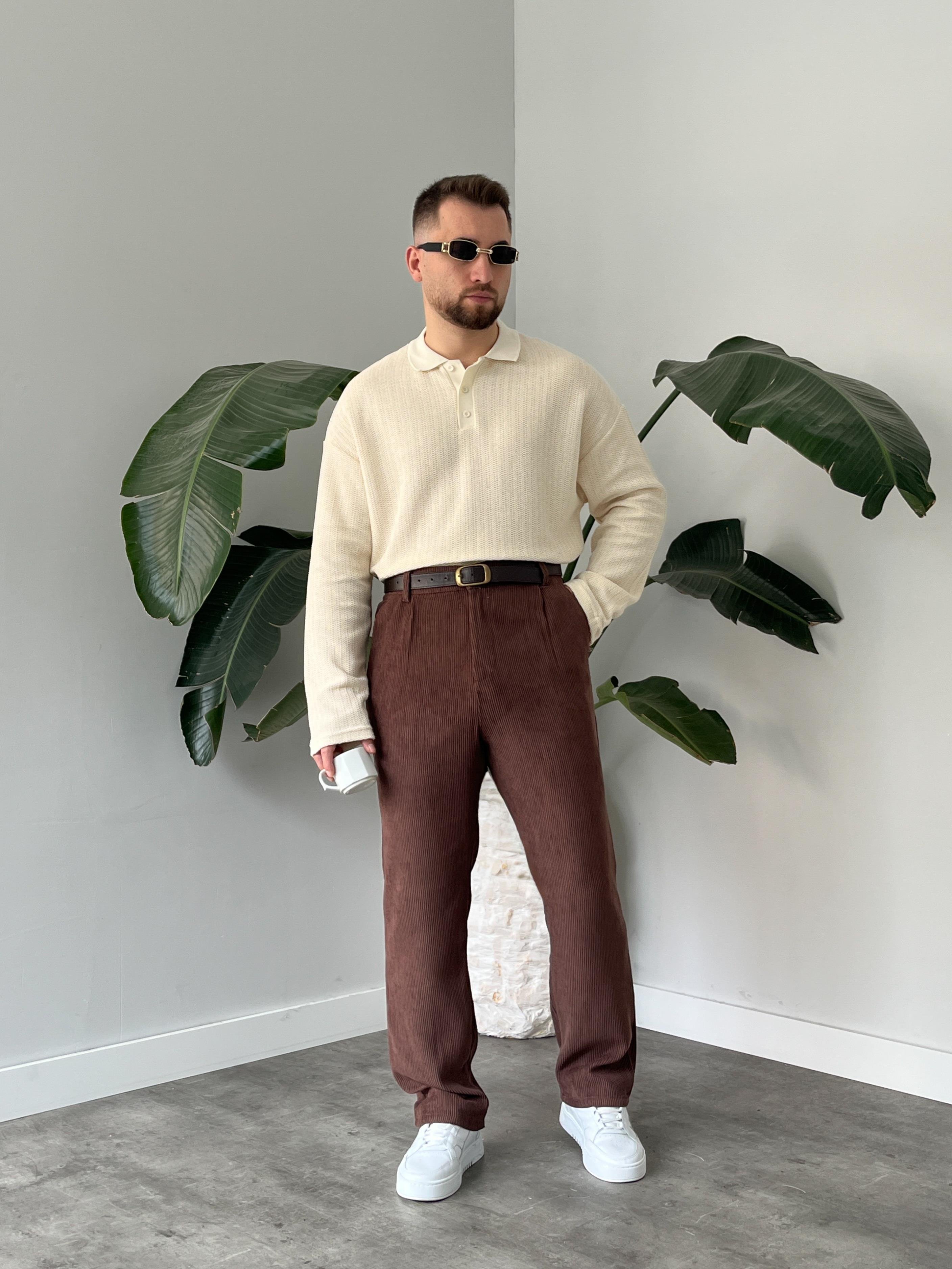 Krem Waffle Dokulu Polo Yaka Örme Triko Sweatshirt