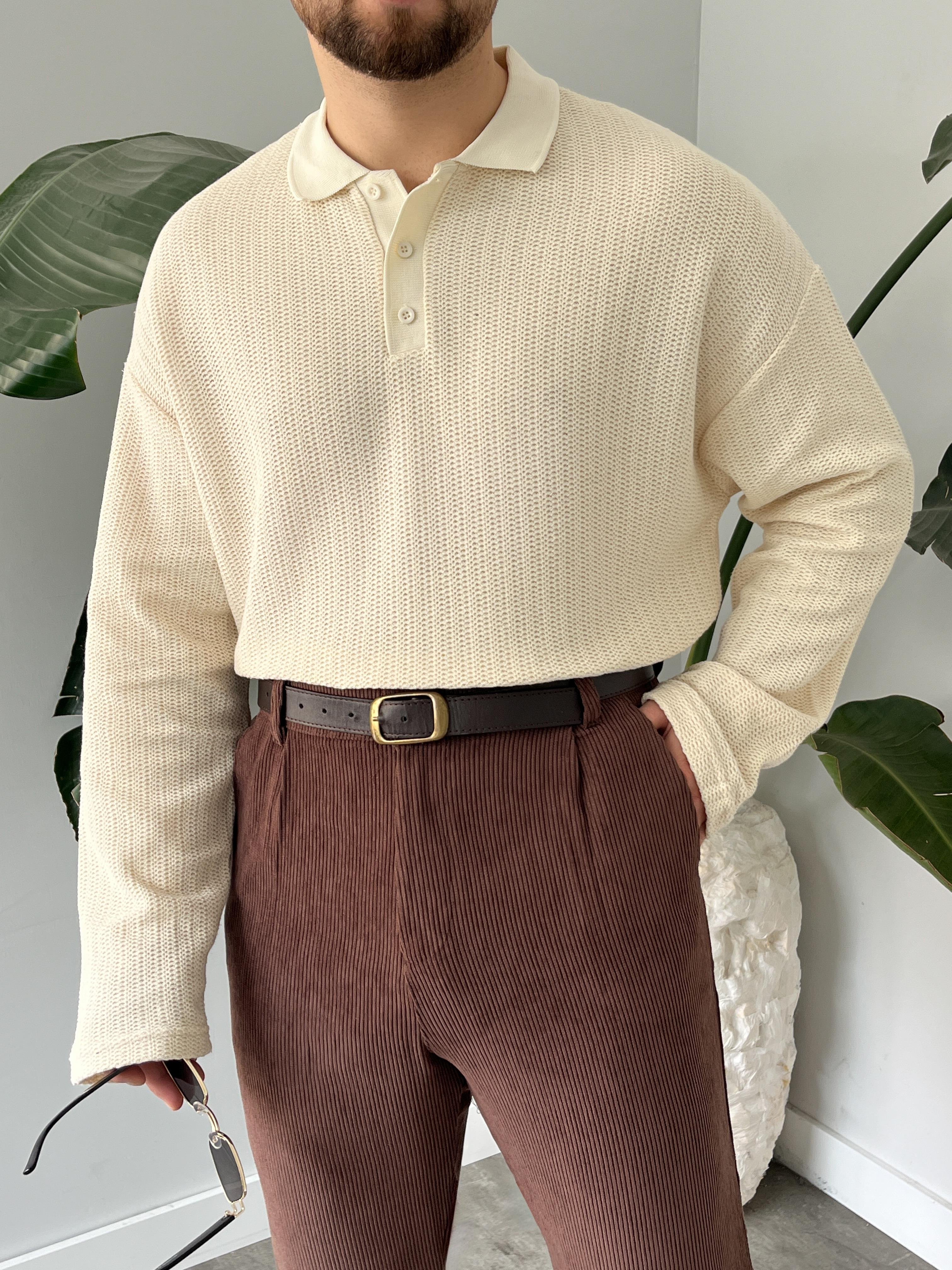 Krem Waffle Dokulu Polo Yaka Örme Triko Sweatshirt