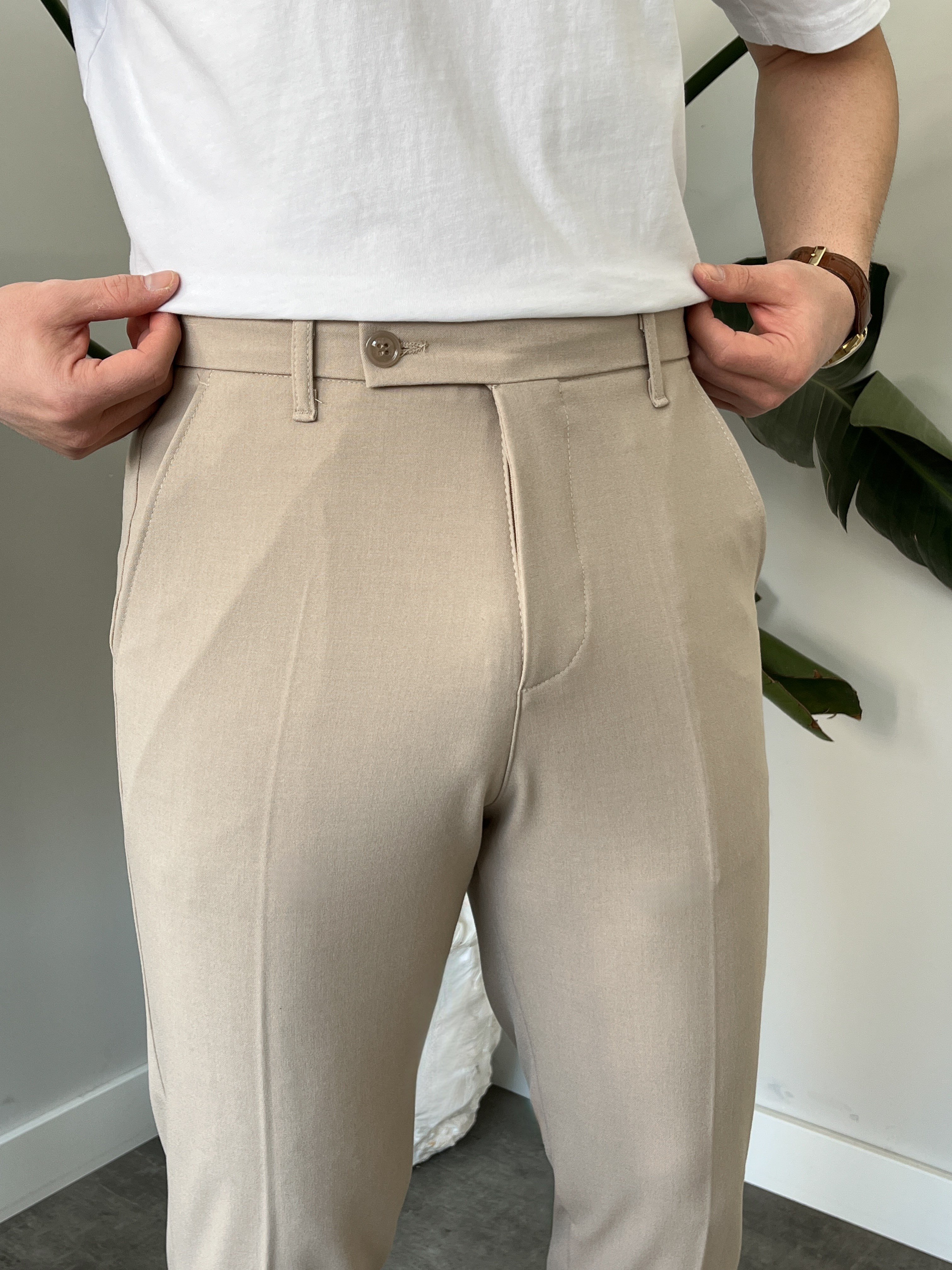 Krem Yan Düğme Detay Duble Paça Boyfriend Pantolon