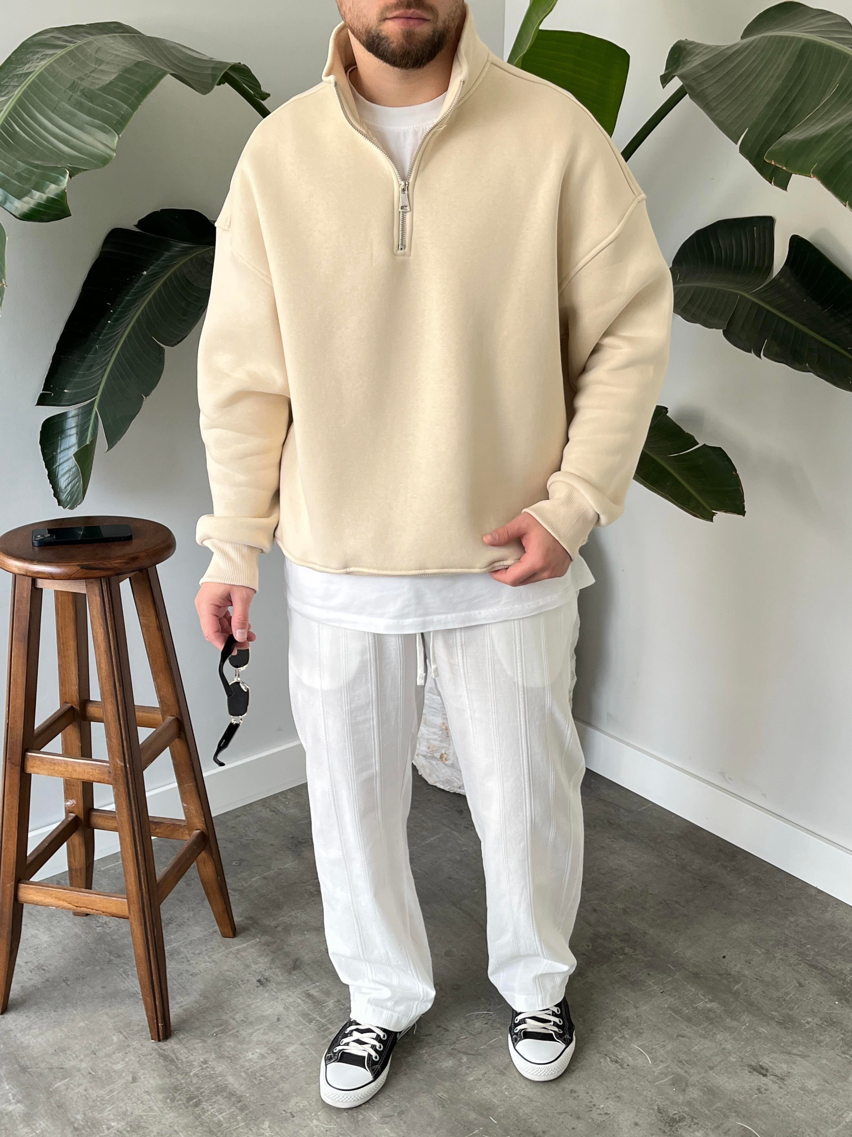 Krem Yarım Fermuar Üç İplik Şardonlu Sweatshirt