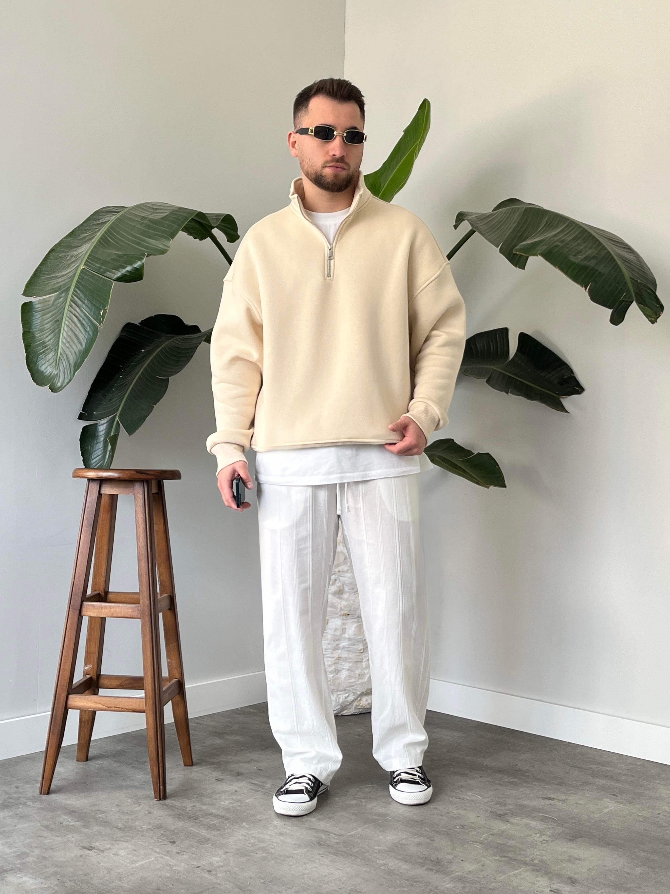 Krem Yarım Fermuar Üç İplik Şardonlu Sweatshirt