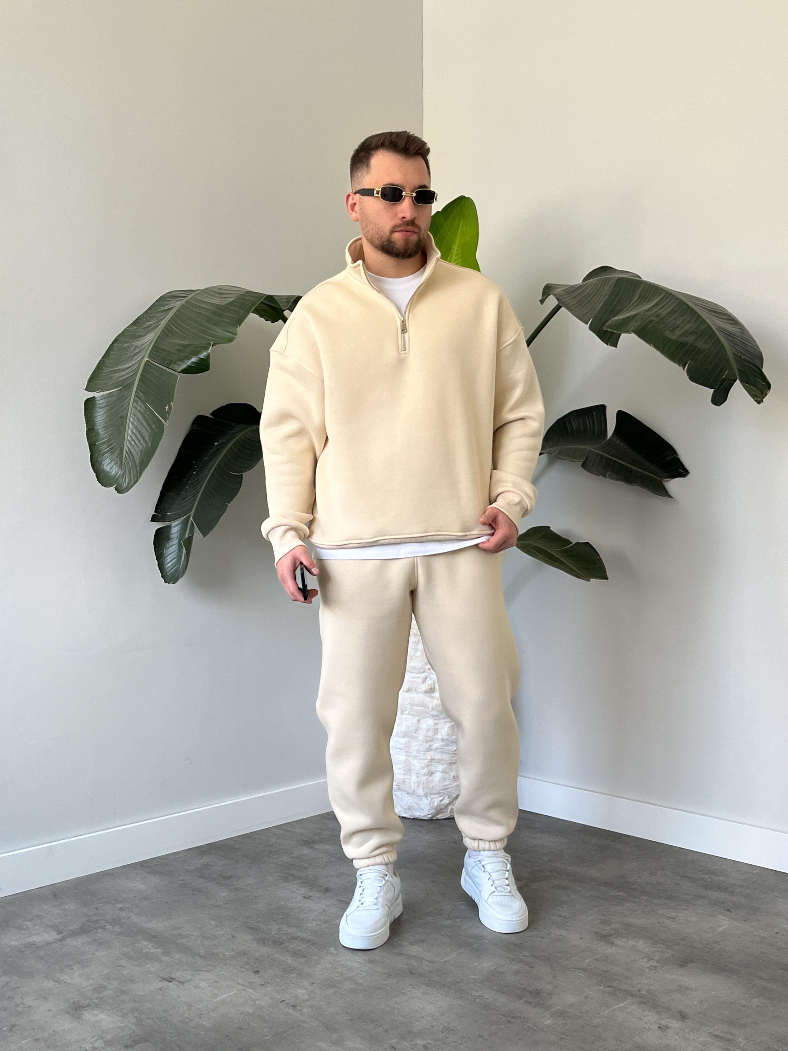 Krem Yarım Fermuarlı Oversize Eşofman Takımı