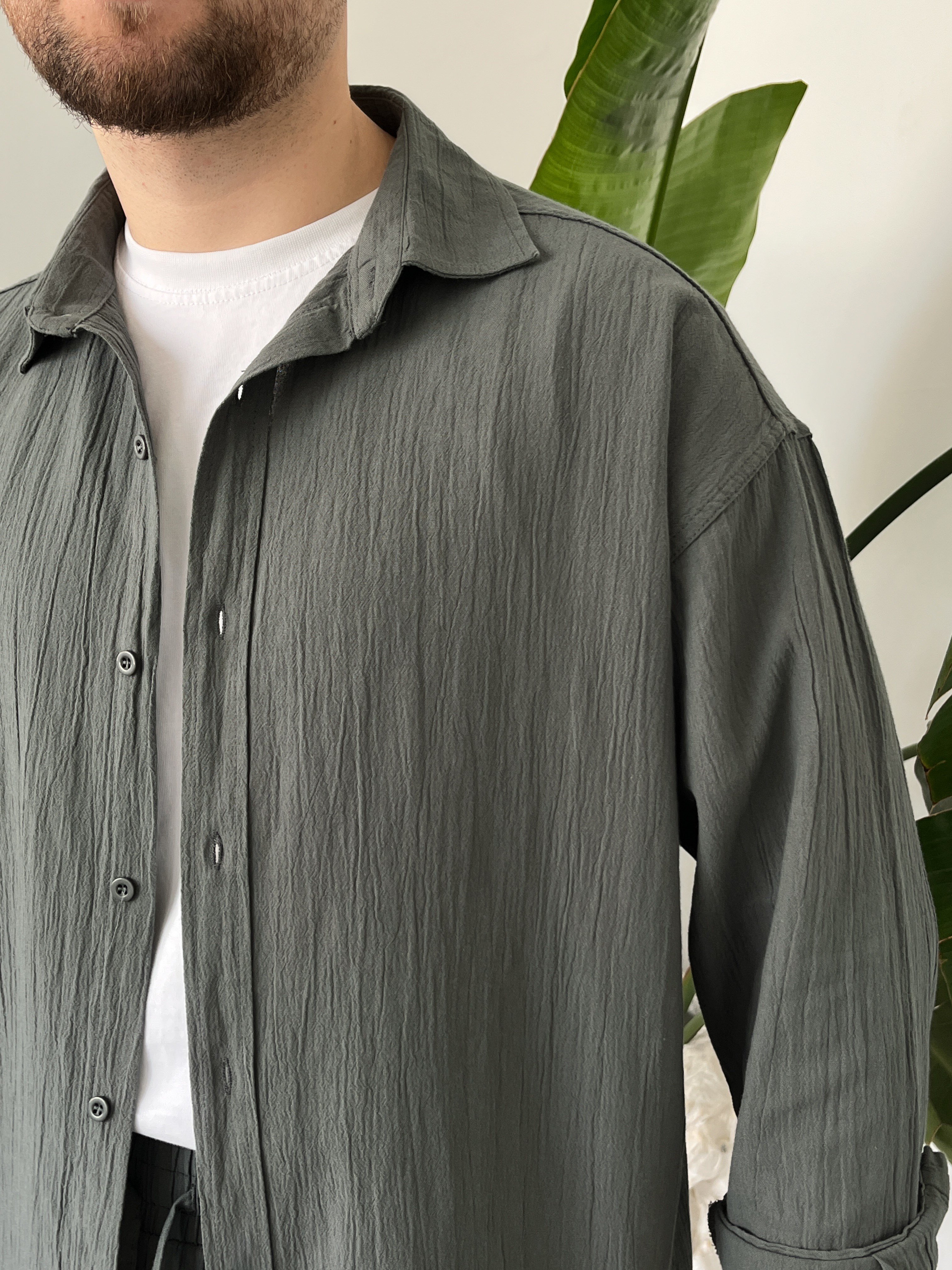 Küf Yeşili Krinkıl Keten Oversize Takım