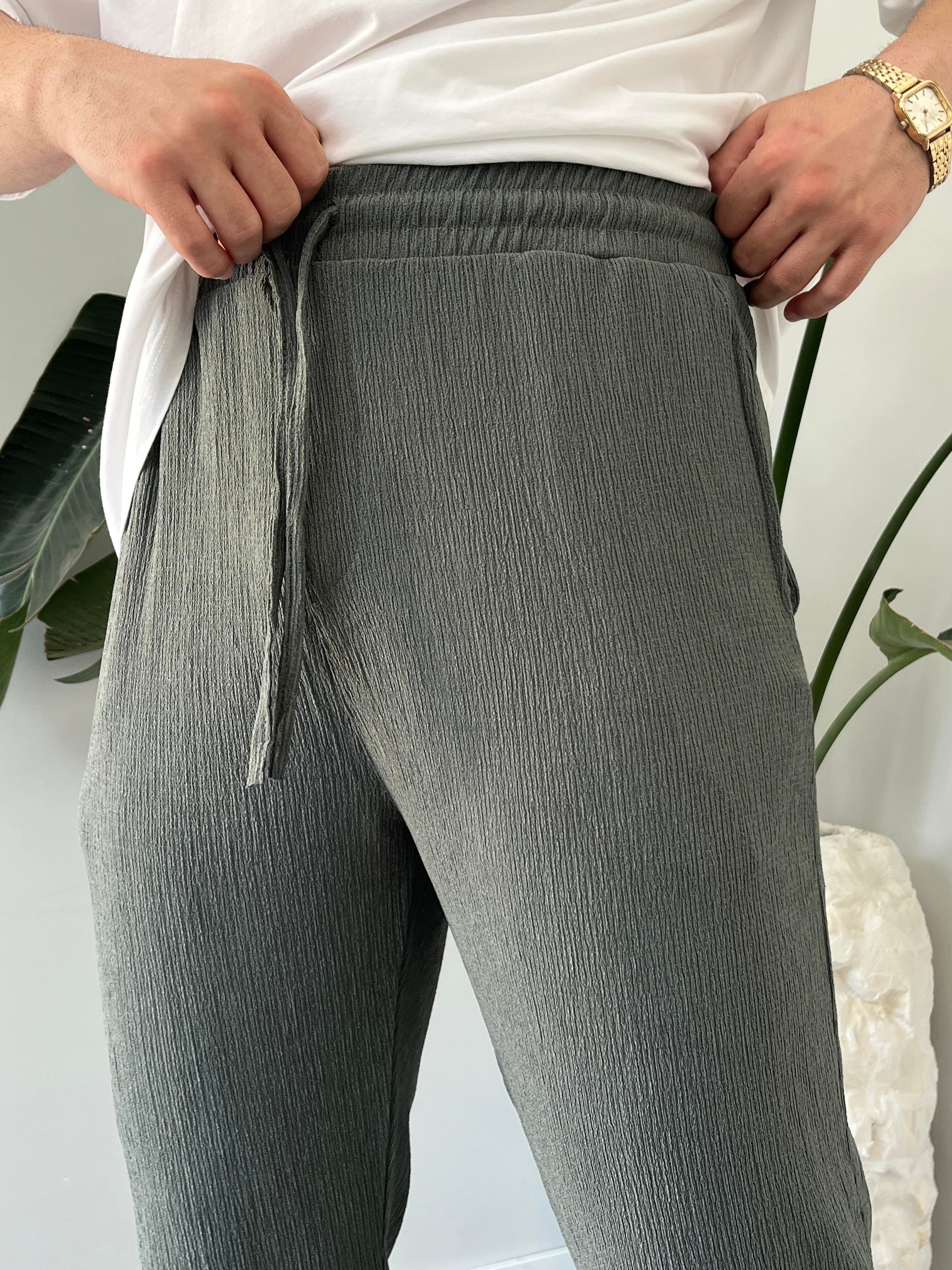 Küf Yeşili Krinkıl Kumaş Relax Fit Pantolon