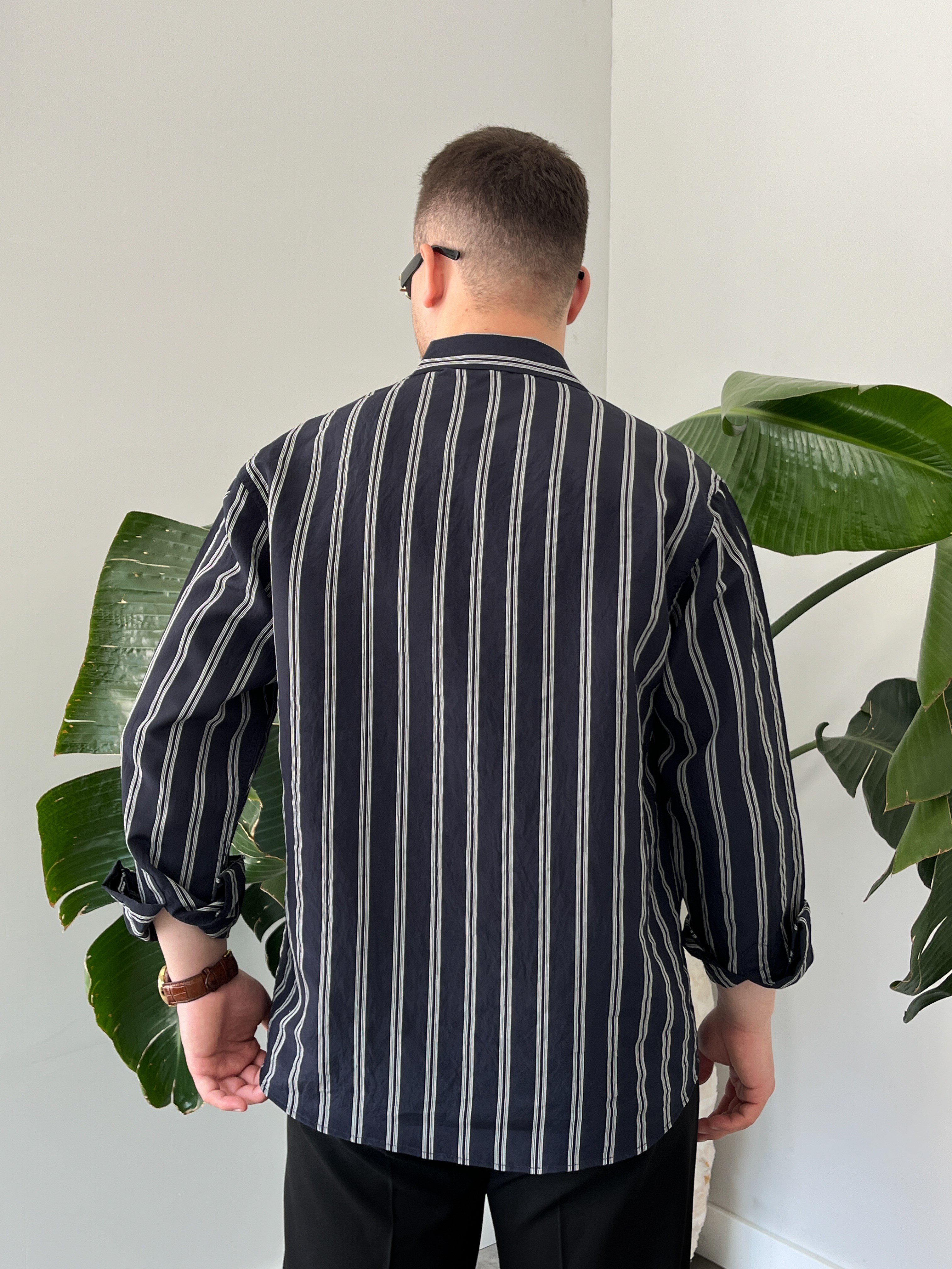 Lacivert Apaj Yaka Çizgili Oversize Gömlek
