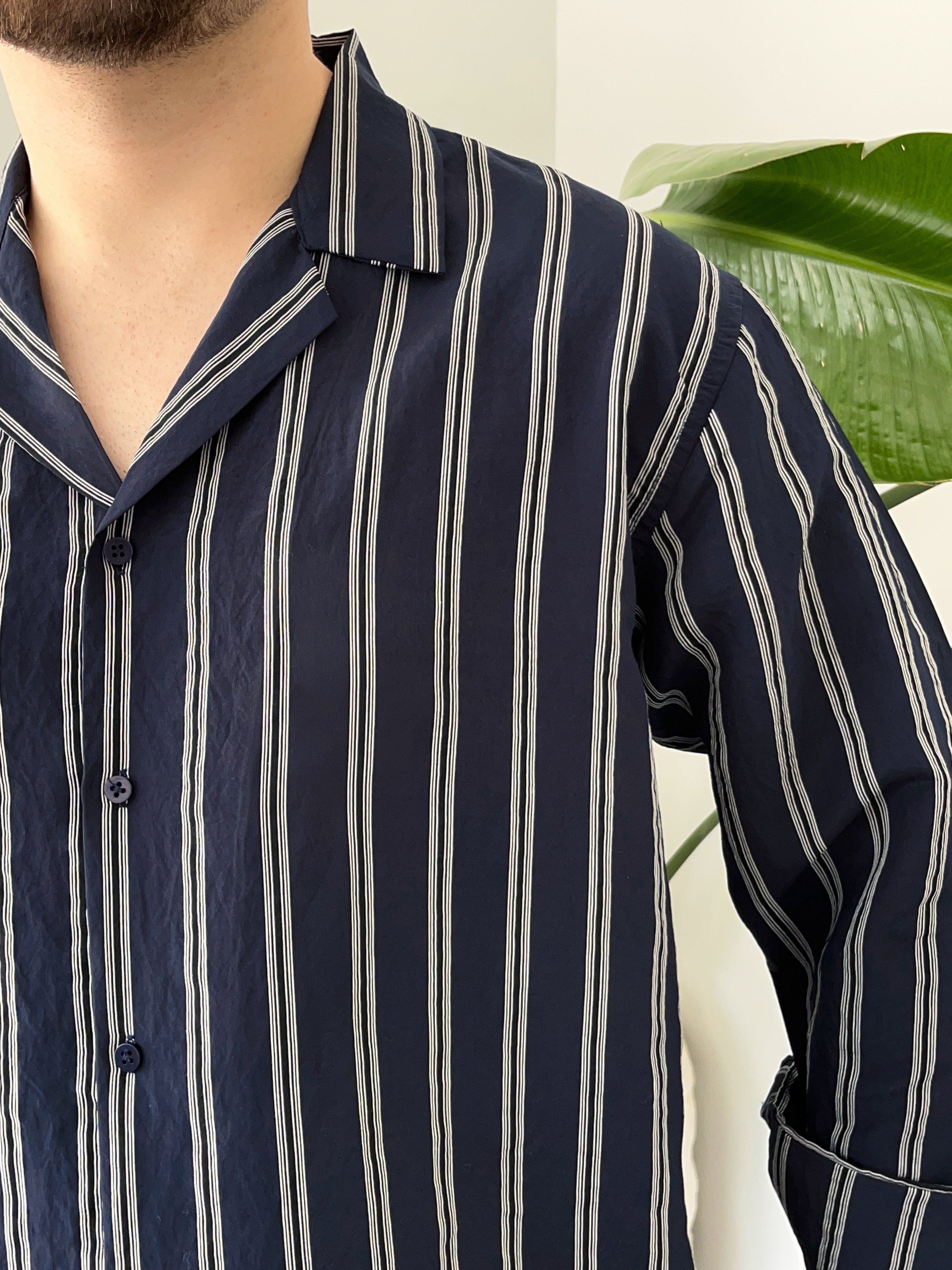 Lacivert Apaj Yaka Çizgili Oversize Gömlek