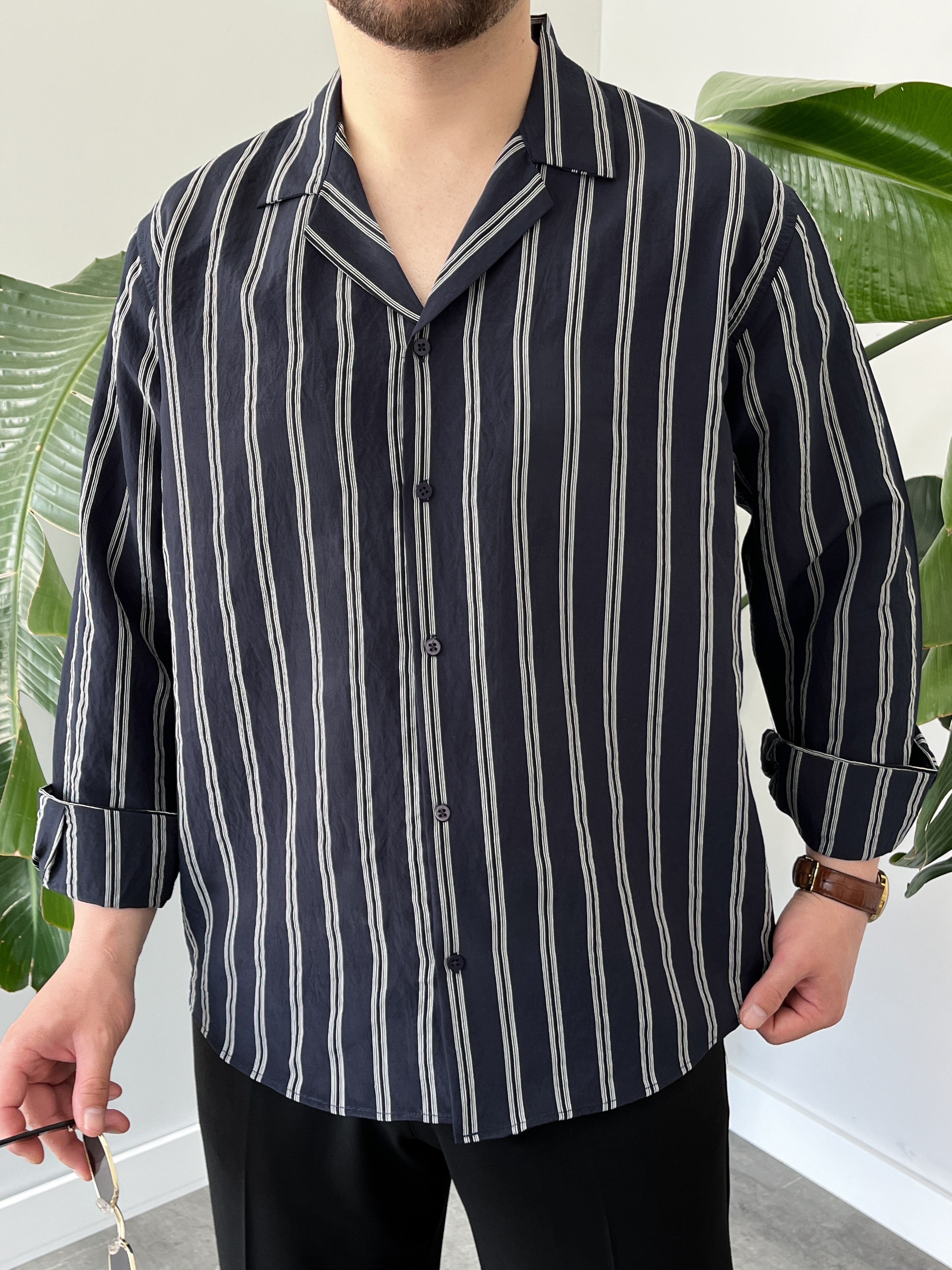 Lacivert Apaj Yaka Çizgili Oversize Gömlek