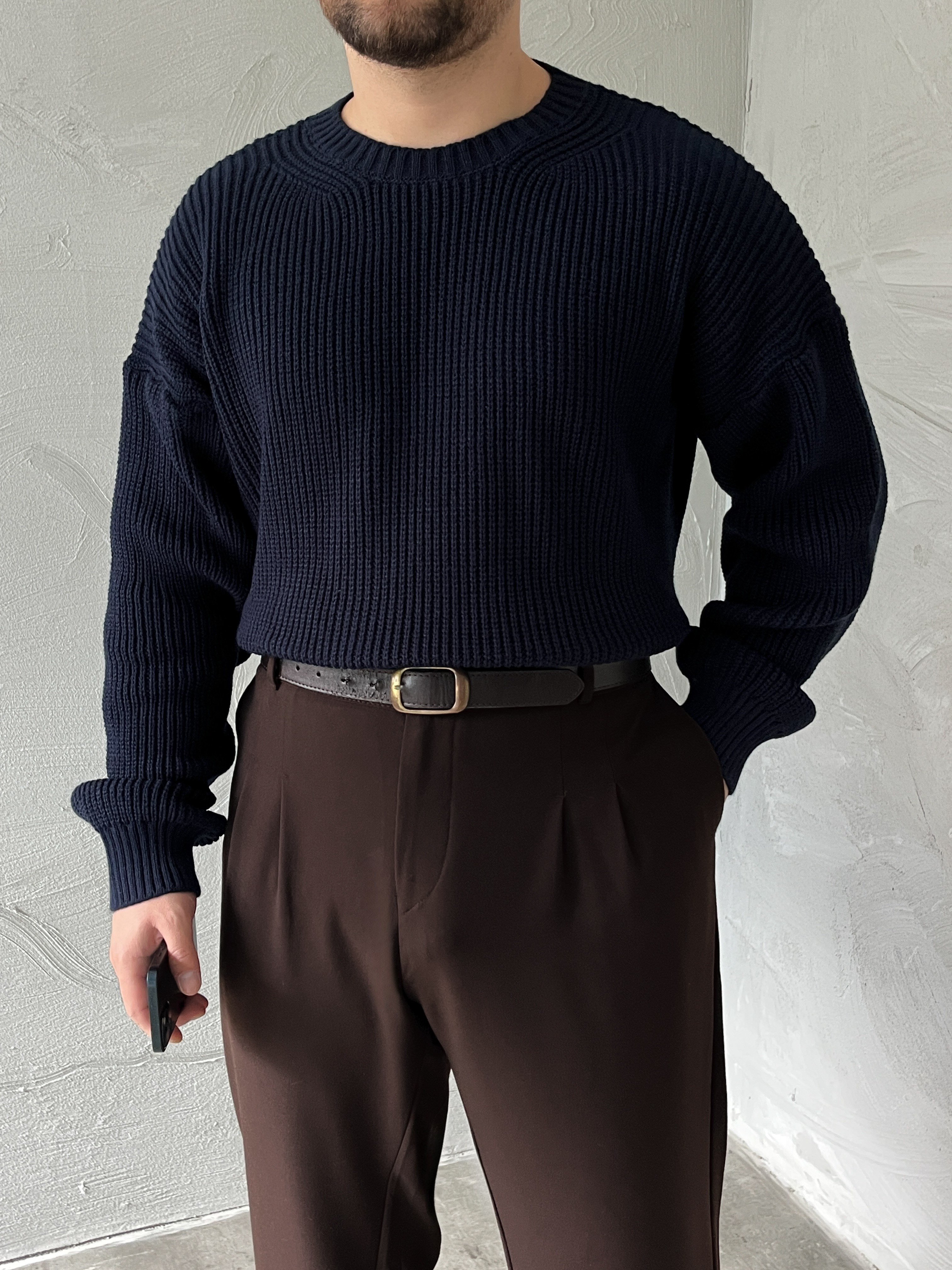 Lacivert Basic Örgü Oversize Kazak