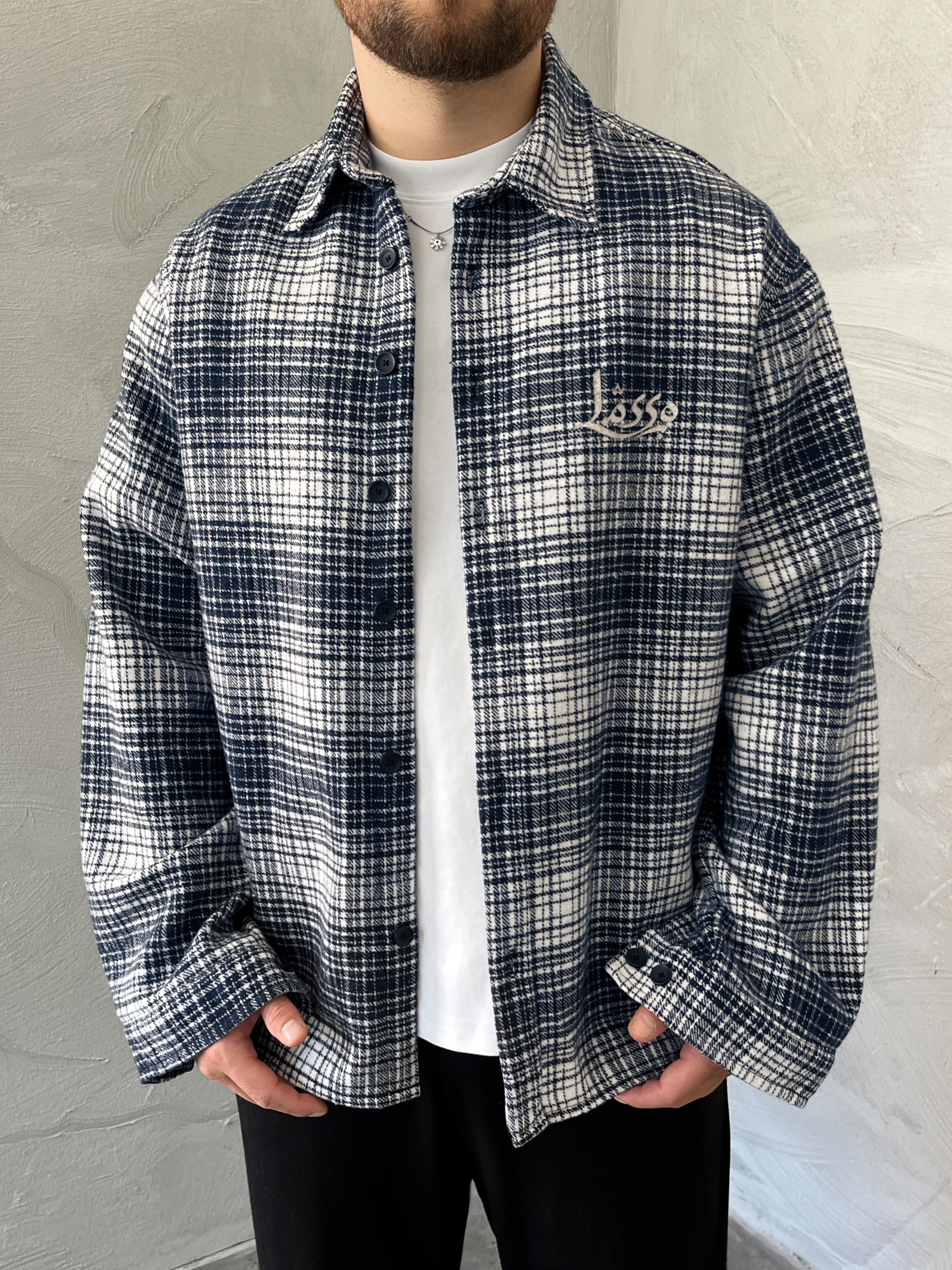 Lacivert Baskılı Oversize Ekose Gömlek
