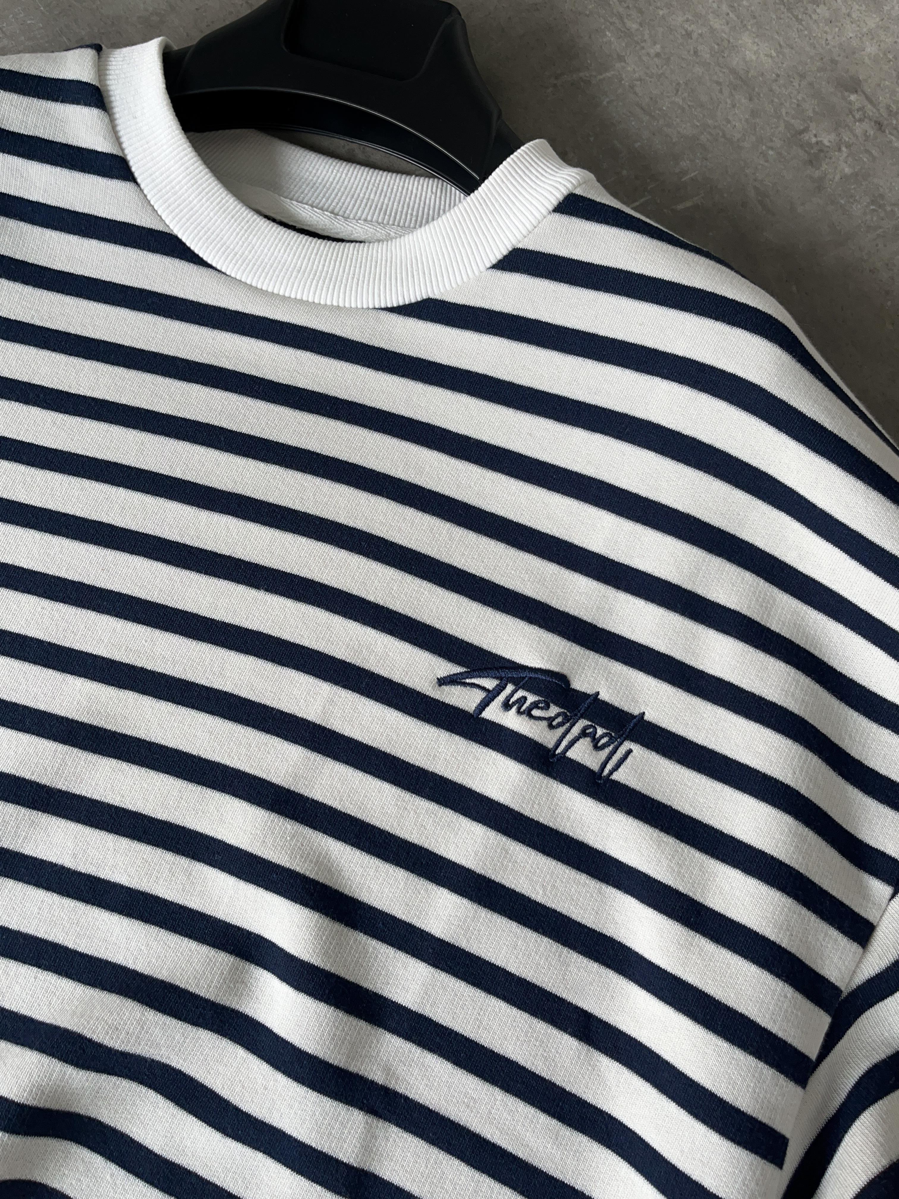 Lacivert Beyaz Çizgili Bisiklet Yaka Oversize Sweatshirt